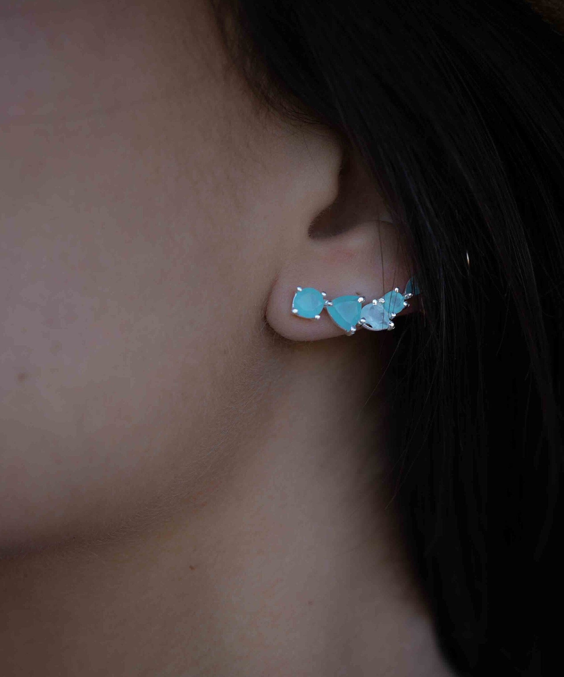 Aqua Chalcedony Ear Climber Earrings ~Stud ~ Jewelry ~ Sterling silver ~ Natural ~ Minimalist Everyday ~ Gift for Her ~ Boho ~Hippie~ ME166
