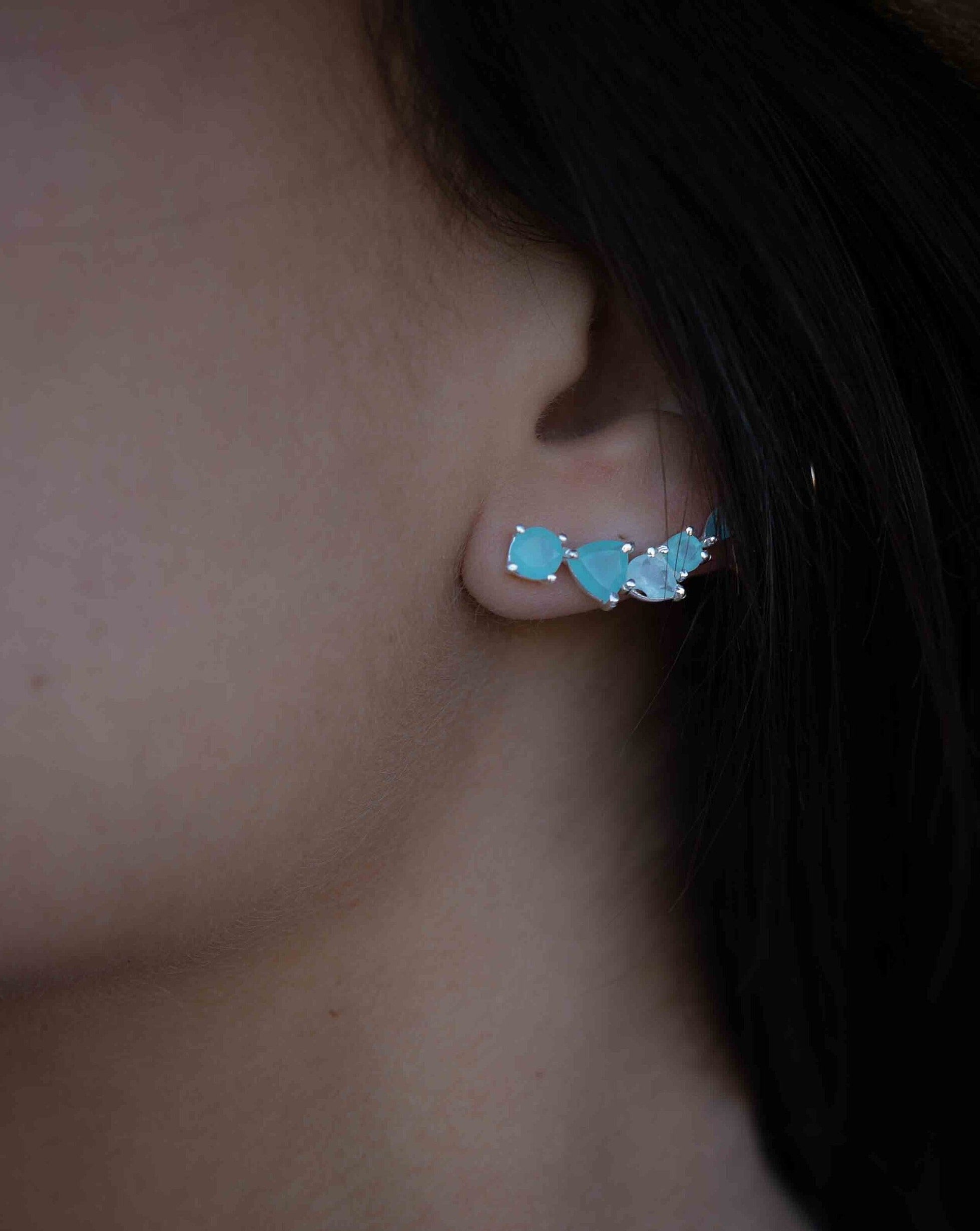 Aqua Chalcedony Ear Climber Earrings ~Stud ~ Jewelry ~ Sterling silver ~ Natural ~ Minimalist Everyday ~ Gift for Her ~ Boho ~Hippie~ ME166