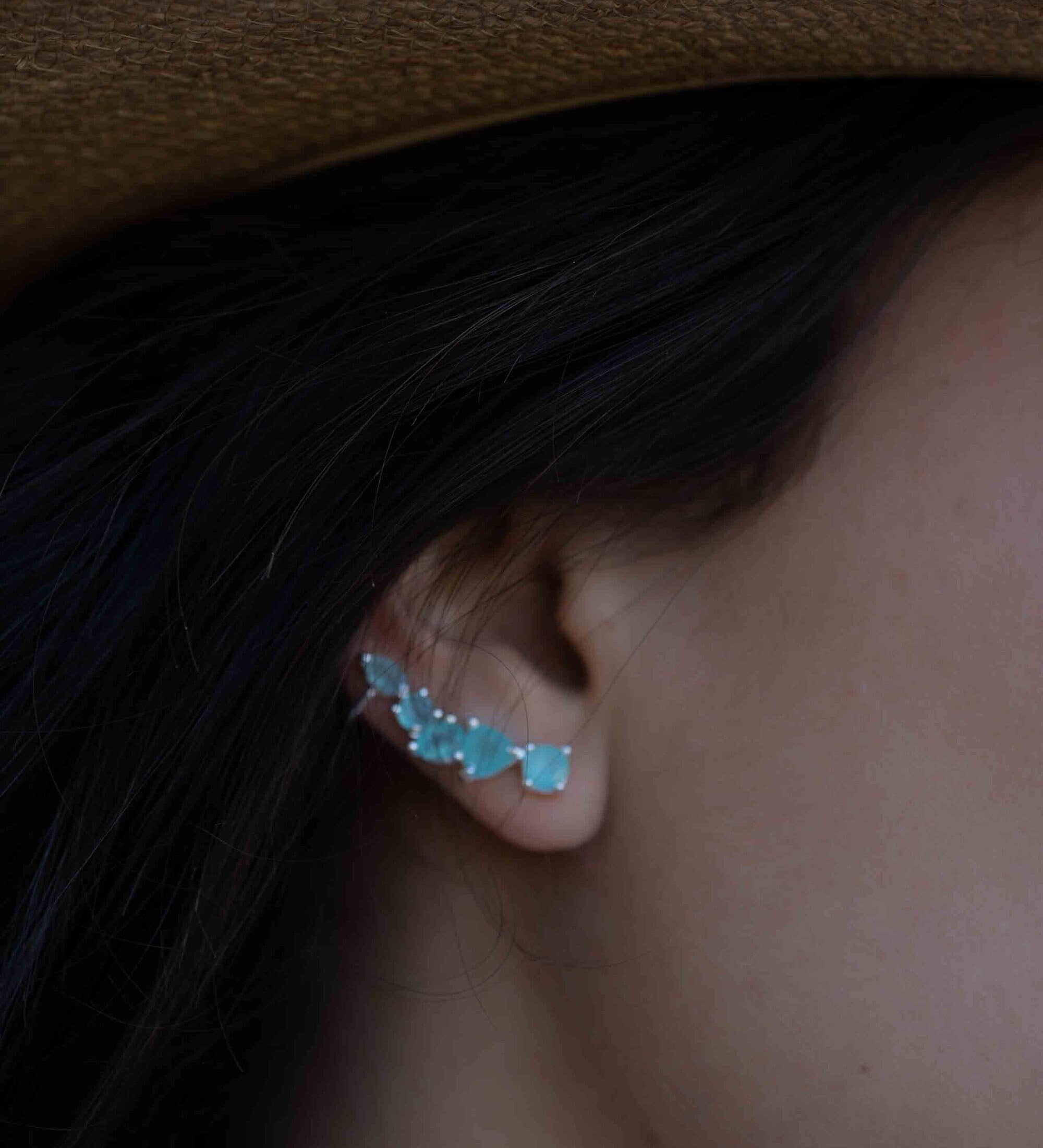 Aqua Chalcedony Ear Climber Earrings ~Stud ~ Jewelry ~ Sterling silver ~ Natural ~ Minimalist Everyday ~ Gift for Her ~ Boho ~Hippie~ ME166