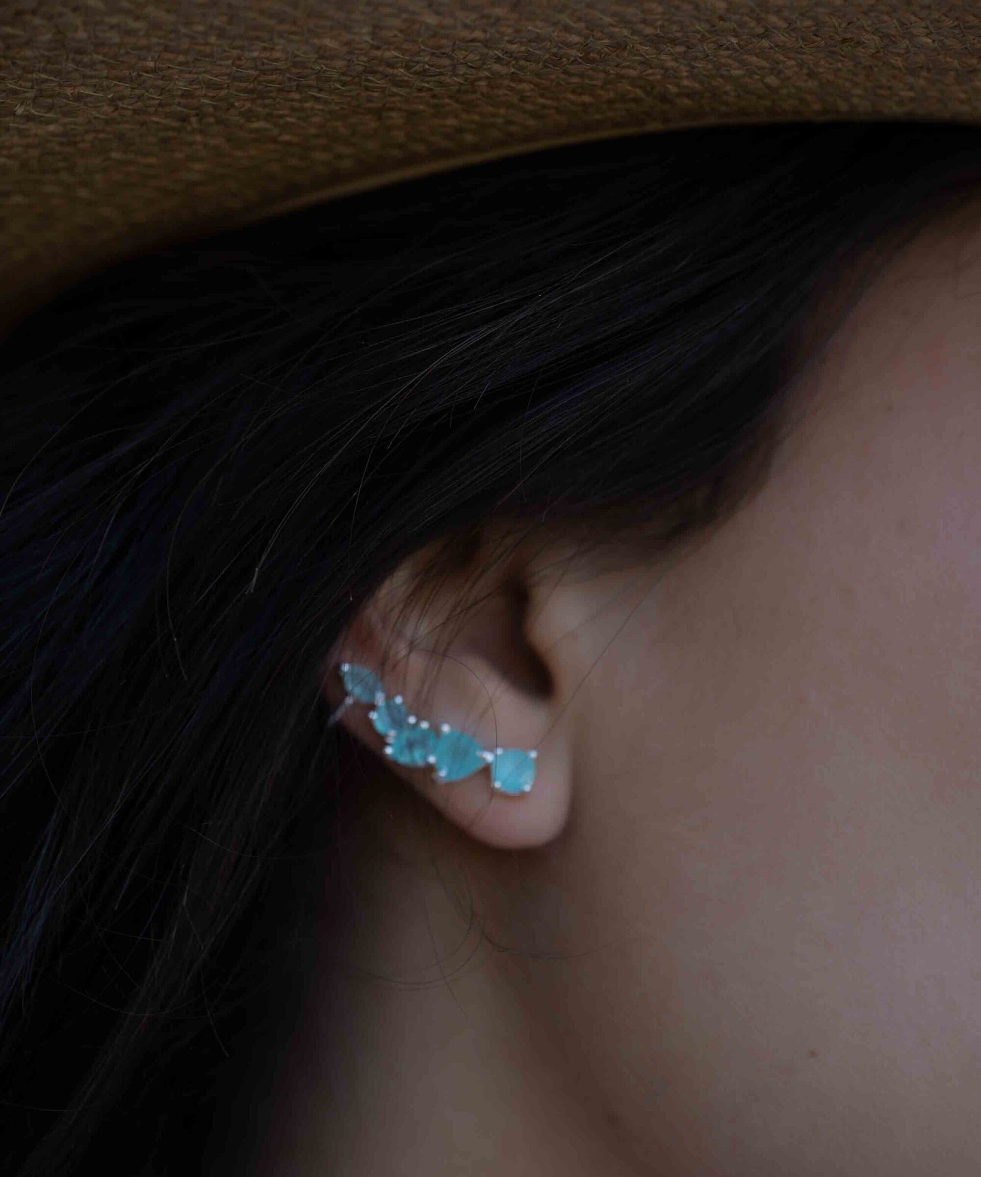 Aqua Chalcedony Ear Climber Earrings ~Stud ~ Jewelry ~ Sterling silver ~ Natural ~ Minimalist Everyday ~ Gift for Her ~ Boho ~Hippie~ ME166