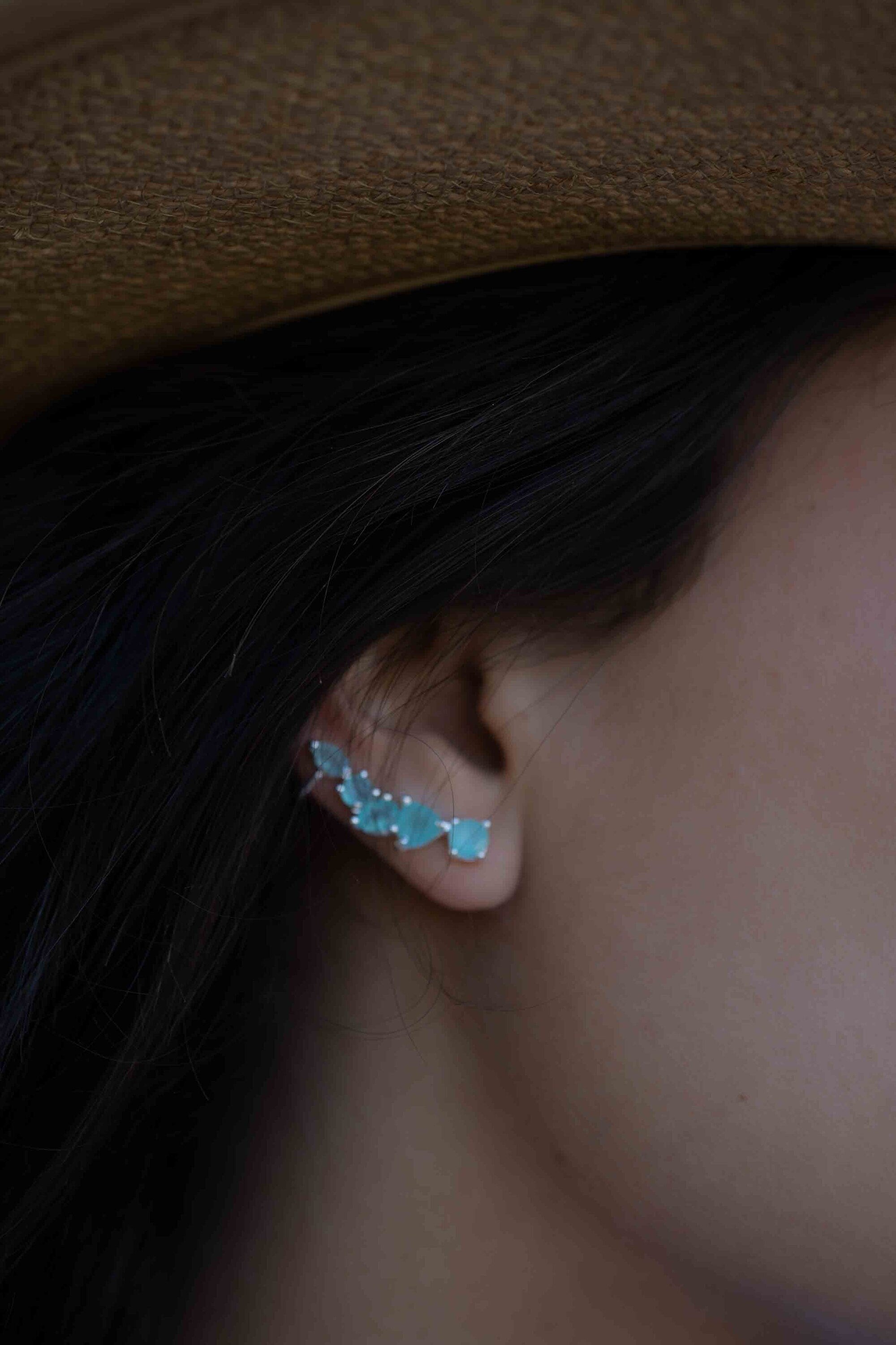 Aqua Chalcedony Ear Climber Earrings ~Stud ~ Jewelry ~ Sterling silver ~ Natural ~ Minimalist Everyday ~ Gift for Her ~ Boho ~Hippie~ ME166
