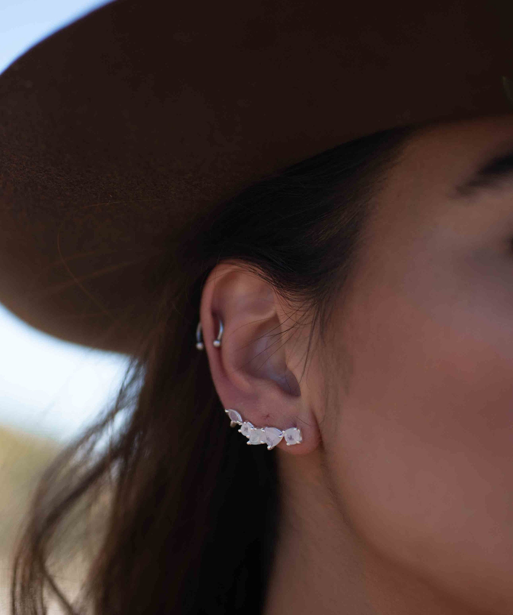Moonstone Ear Climber Earrings ~Stud ~ Jewelry ~ Sterling Silver 925 ~ Natural ~ Minimalist Everyday ~ Gift for Her ~ Boho ~ Hippie ~ ME167