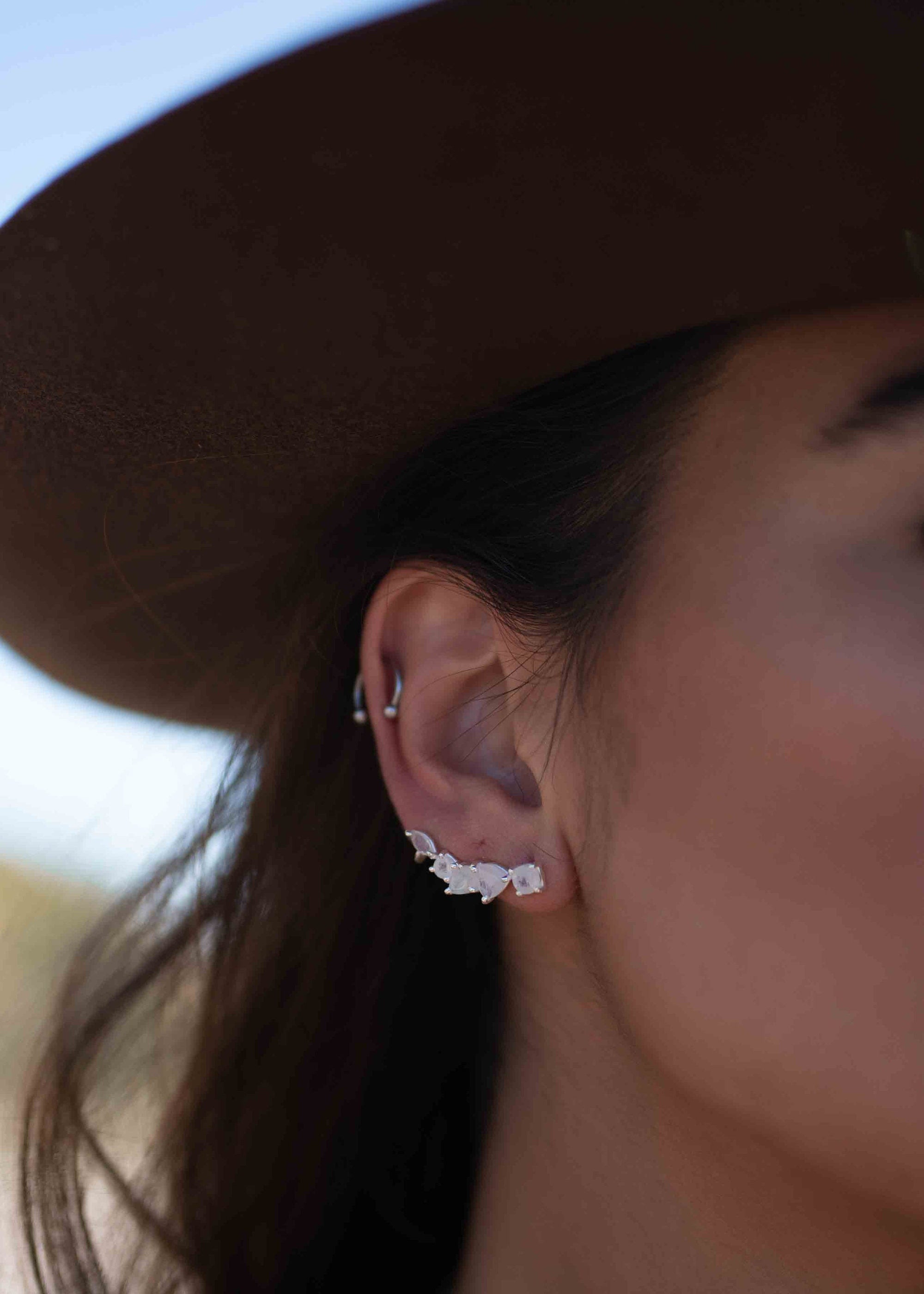 Moonstone Ear Climber Earrings ~Stud ~ Jewelry ~ Sterling Silver 925 ~ Natural ~ Minimalist Everyday ~ Gift for Her ~ Boho ~ Hippie ~ ME167