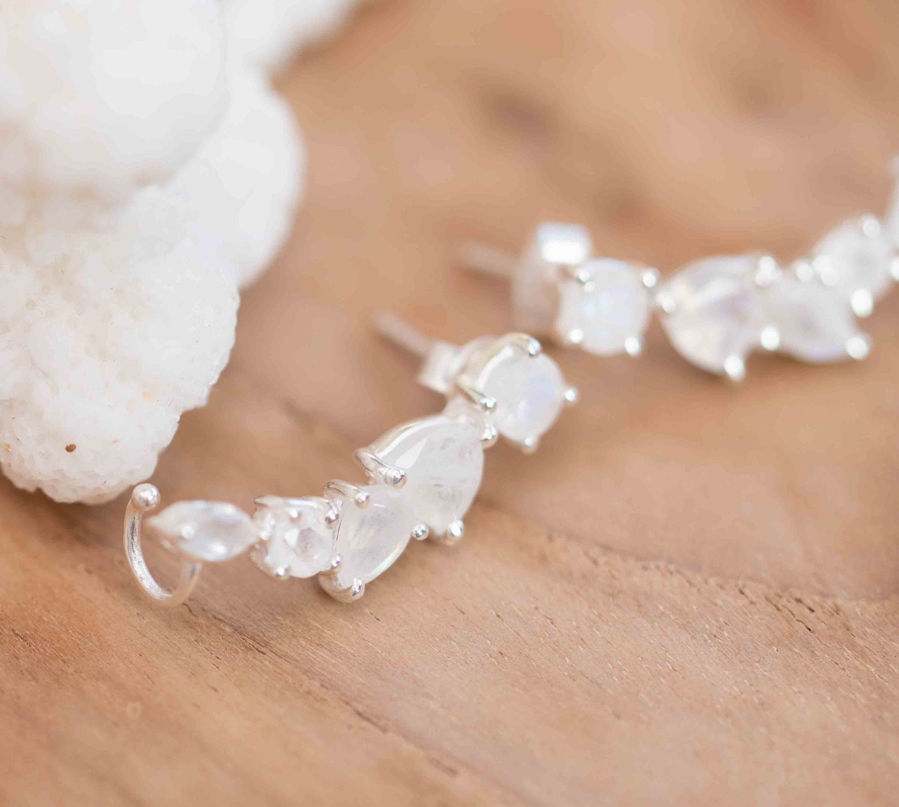 Moonstone Ear Climber Earrings ~Stud ~ Jewelry ~ Sterling Silver 925 ~ Natural ~ Minimalist Everyday ~ Gift for Her ~ Boho ~ Hippie ~ ME167
