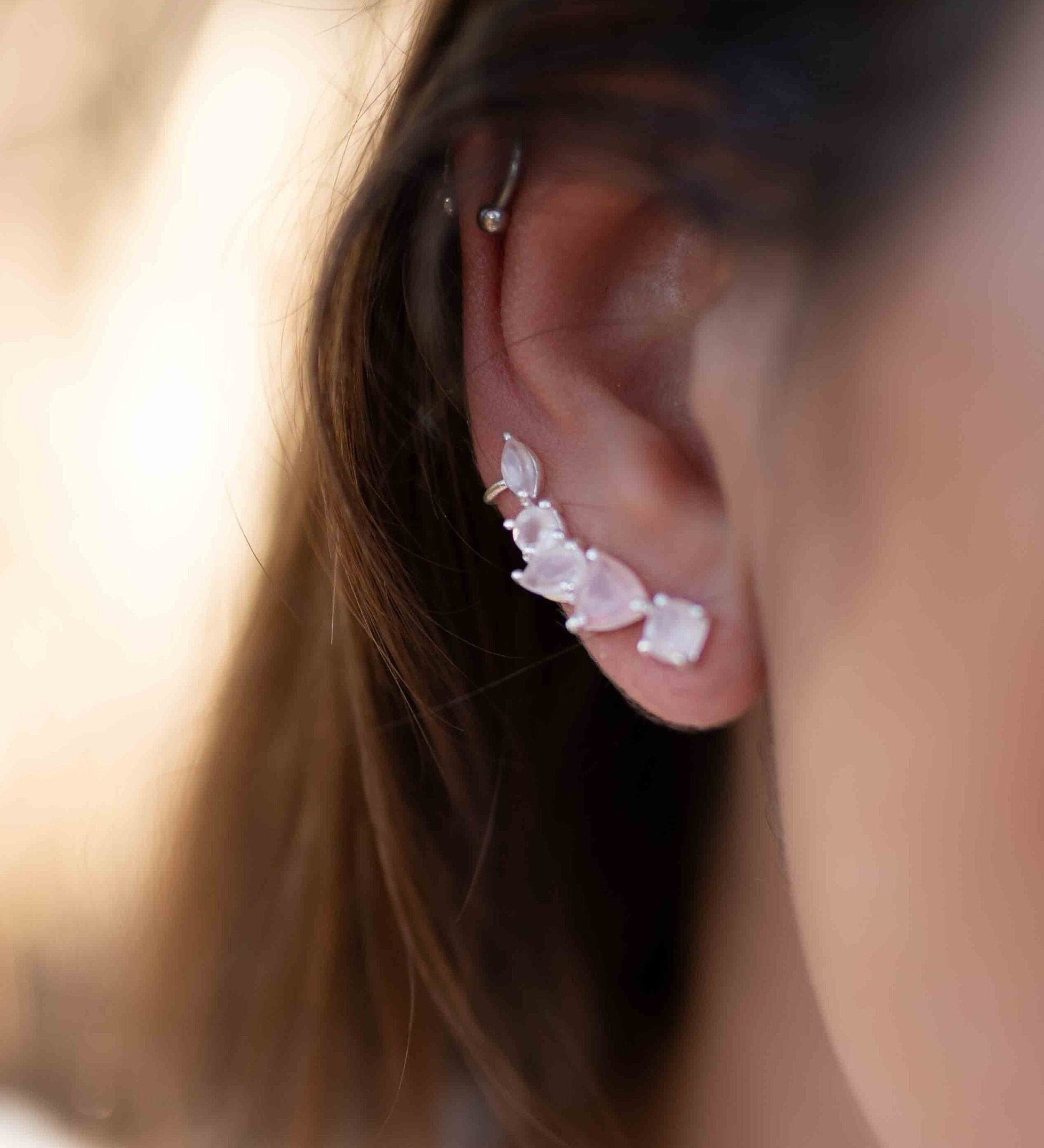 Rose Quartz Ear Climber Earrings ~ Sterling Silver 925 ~ Stud ~ Jewelry ~ Natural ~ Minimalist Everyday ~ Gift for Her ~ Boho~Hippie~ ME168