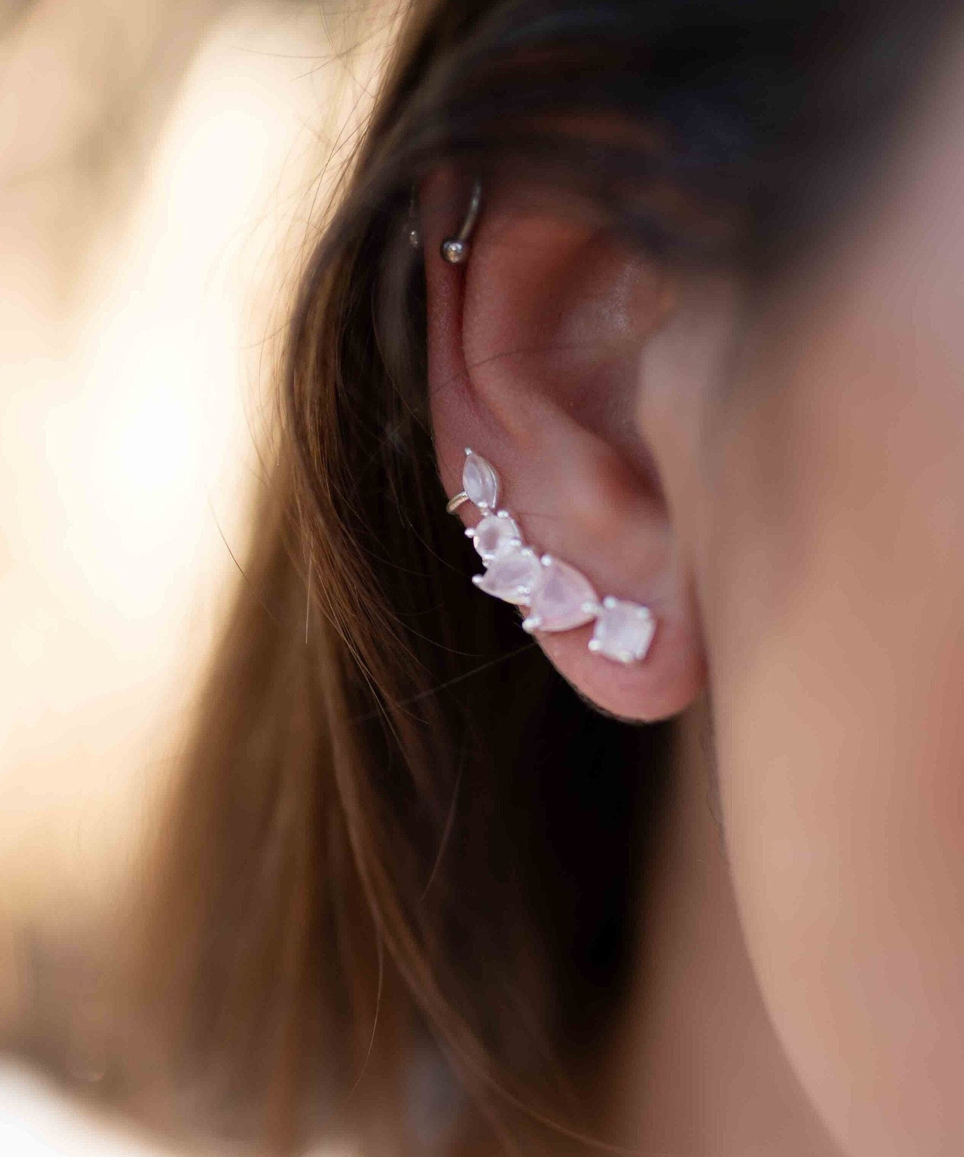 Rose Quartz Ear Climber Earrings ~ Sterling Silver 925 ~ Stud ~ Jewelry ~ Natural ~ Minimalist Everyday ~ Gift for Her ~ Boho~Hippie~ ME168