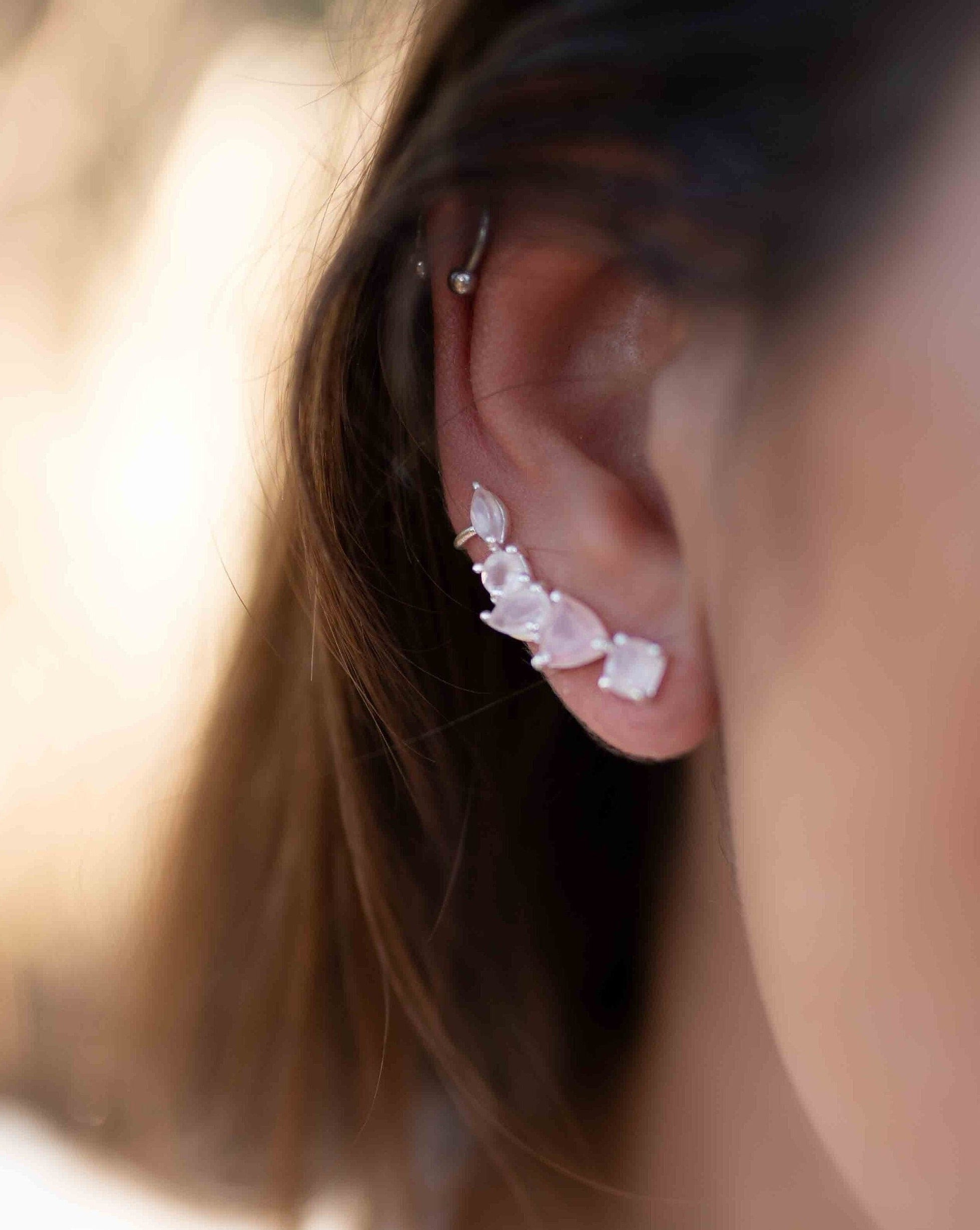 Rose Quartz Ear Climber Earrings ~ Sterling Silver 925 ~ Stud ~ Jewelry ~ Natural ~ Minimalist Everyday ~ Gift for Her ~ Boho~Hippie~ ME168