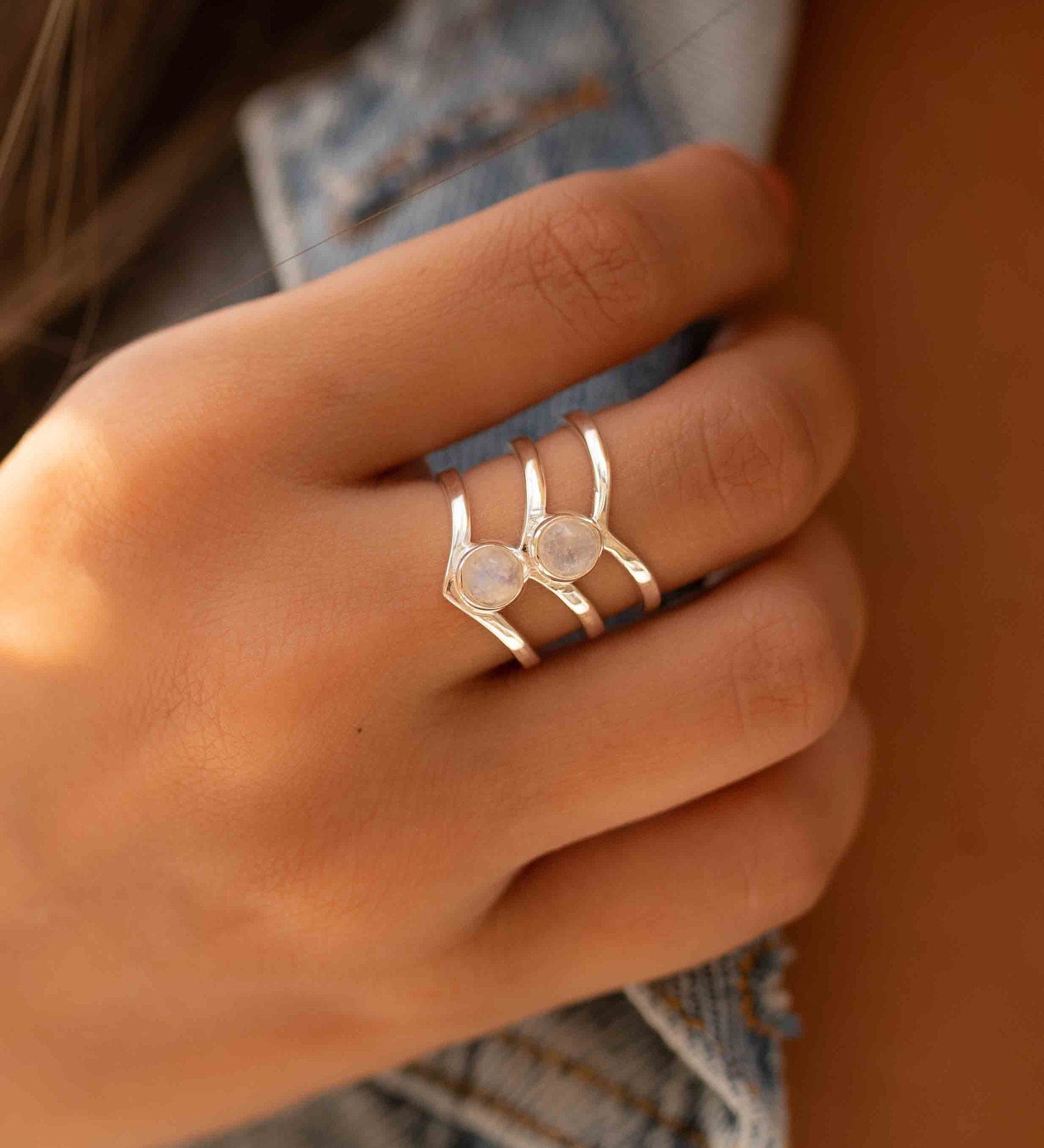 Moonstone ~ Triple Band ~ Sterling Silver 925 ~ Handmade ~ Gemstone ~ Statement ~ Everyday ~ Hippie ~Bohemian~June Birthstone ~ MR294