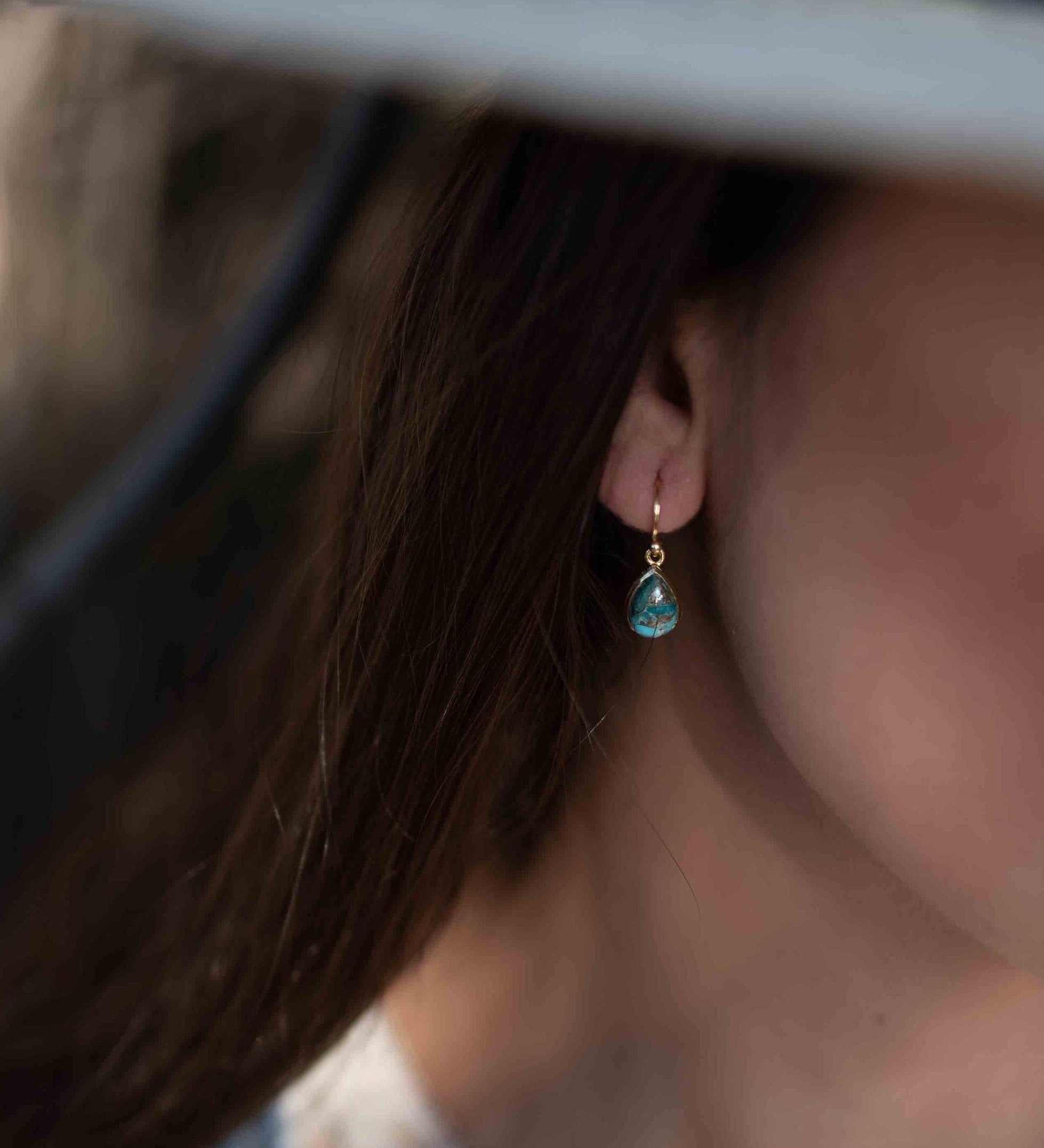 Copper Turquoise Tear Drop Earrings ~ Jewelry ~ 18k Gold Plated ~ Natural ~ Minimalist Everyday ~ Gift for Her ~ Boho ~ Hippie ~ ME189