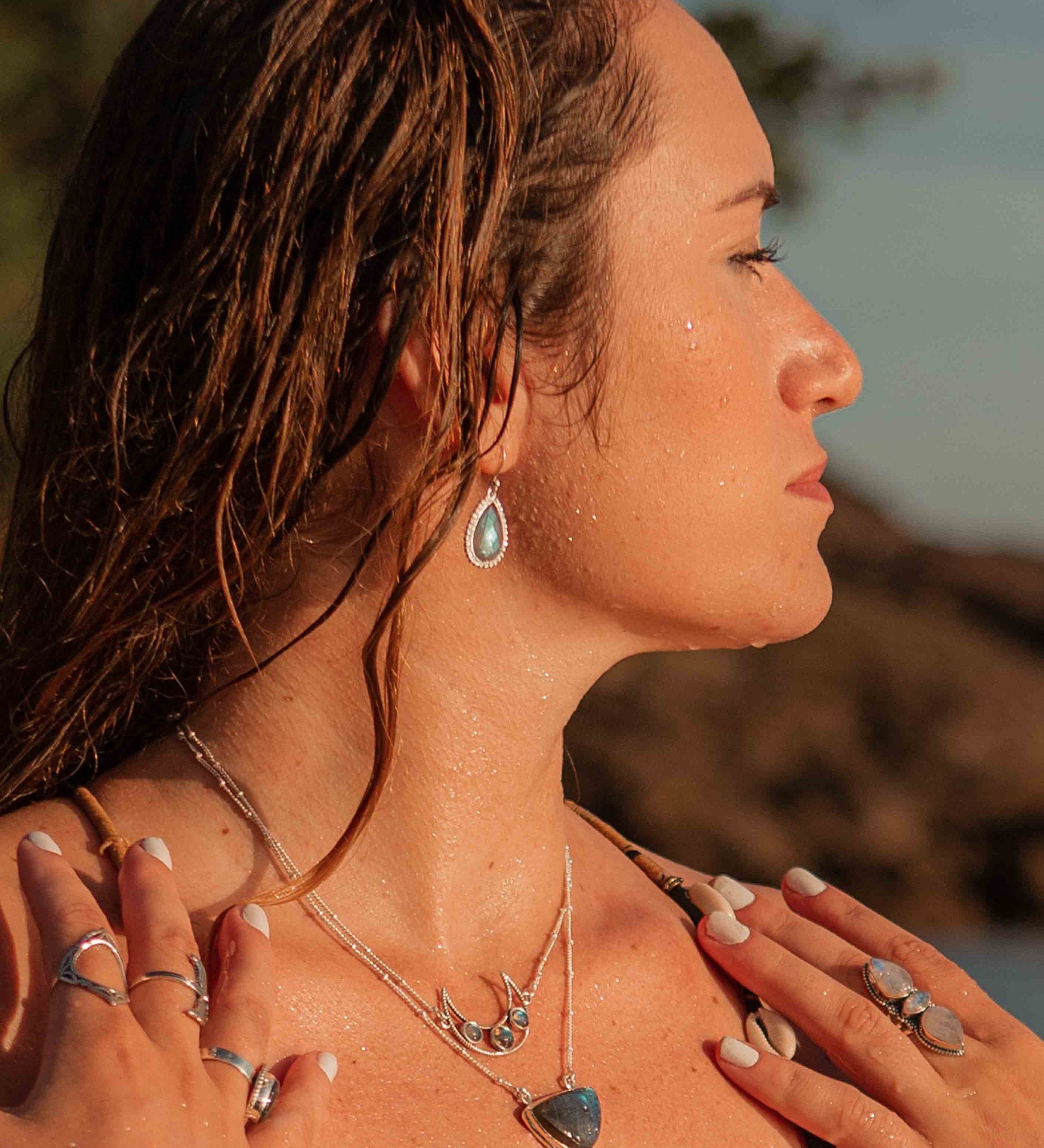 Labradorite Half Moon Necklace ~ Sterling Silver 925 ~Jewelry ~ Beaded Chain ~ Minimalist~ Handmade~ Thin Chain~ Delicate ~Layered~MN072