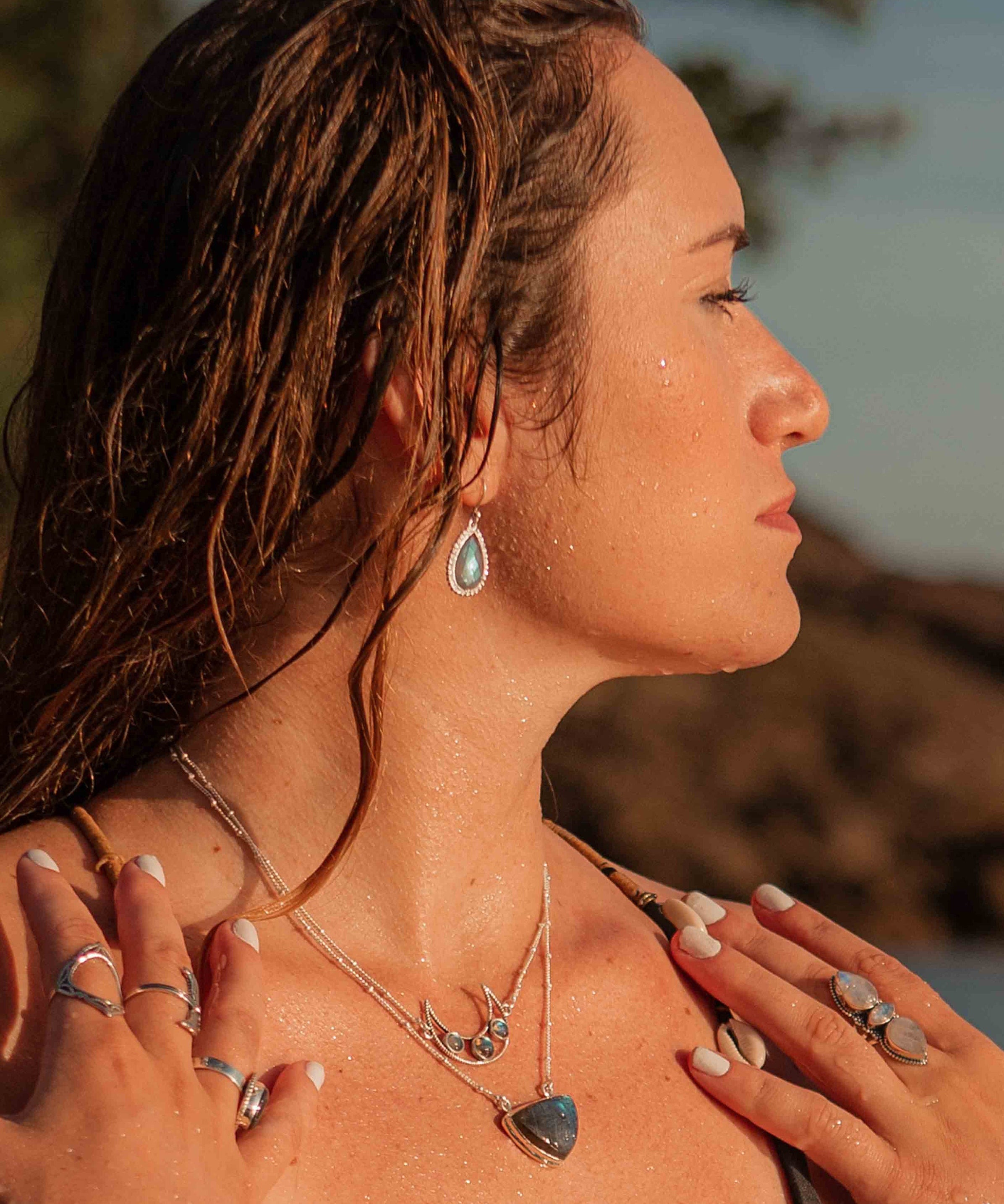 Labradorite Half Moon Necklace ~ Sterling Silver 925 ~Jewelry ~ Beaded Chain ~ Minimalist~ Handmade~ Thin Chain~ Delicate ~Layered~MN072