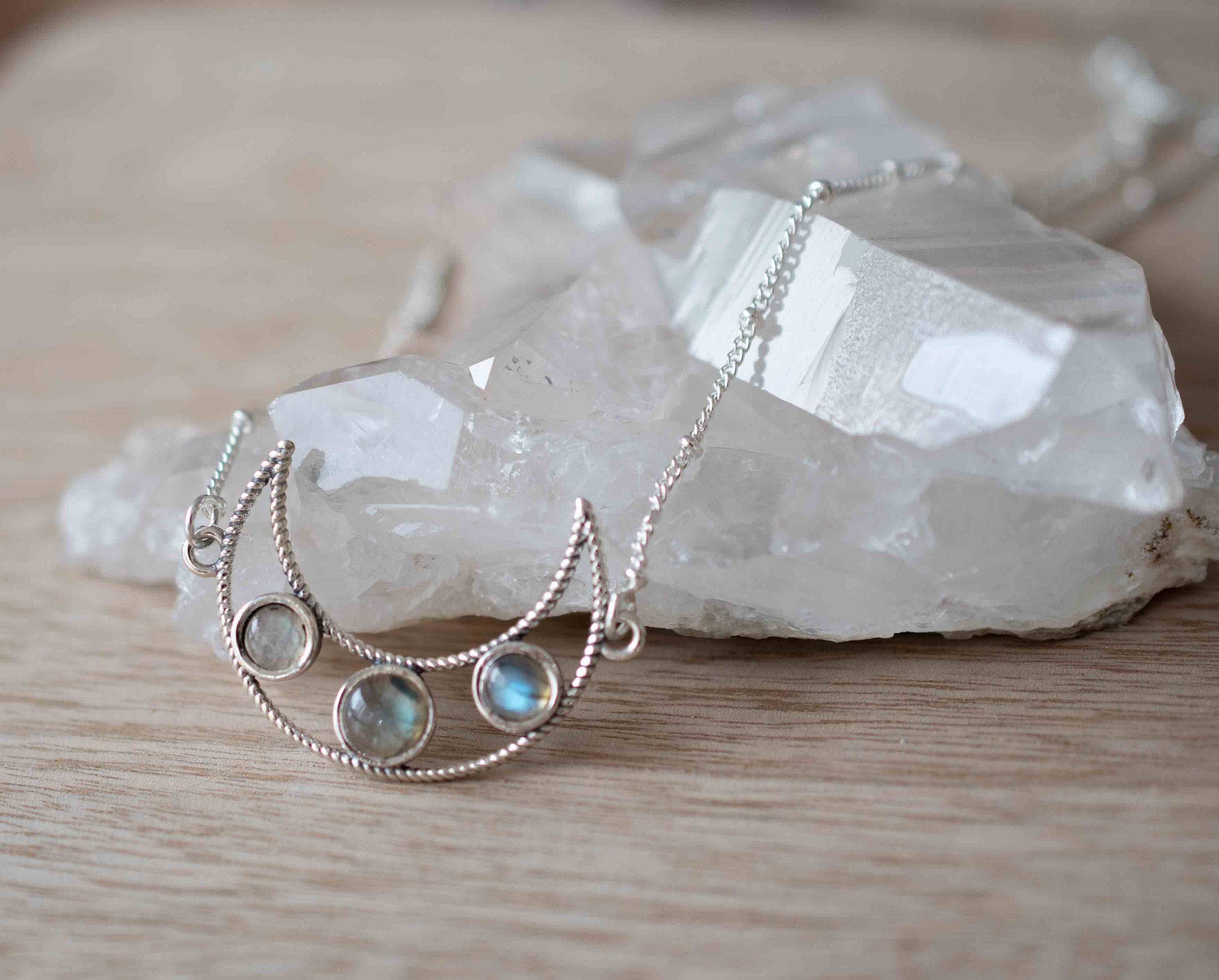 Labradorite Half Moon Necklace ~ Sterling Silver 925 ~Jewelry ~ Beaded Chain ~ Minimalist~ Handmade~ Thin Chain~ Delicate ~Layered~MN072