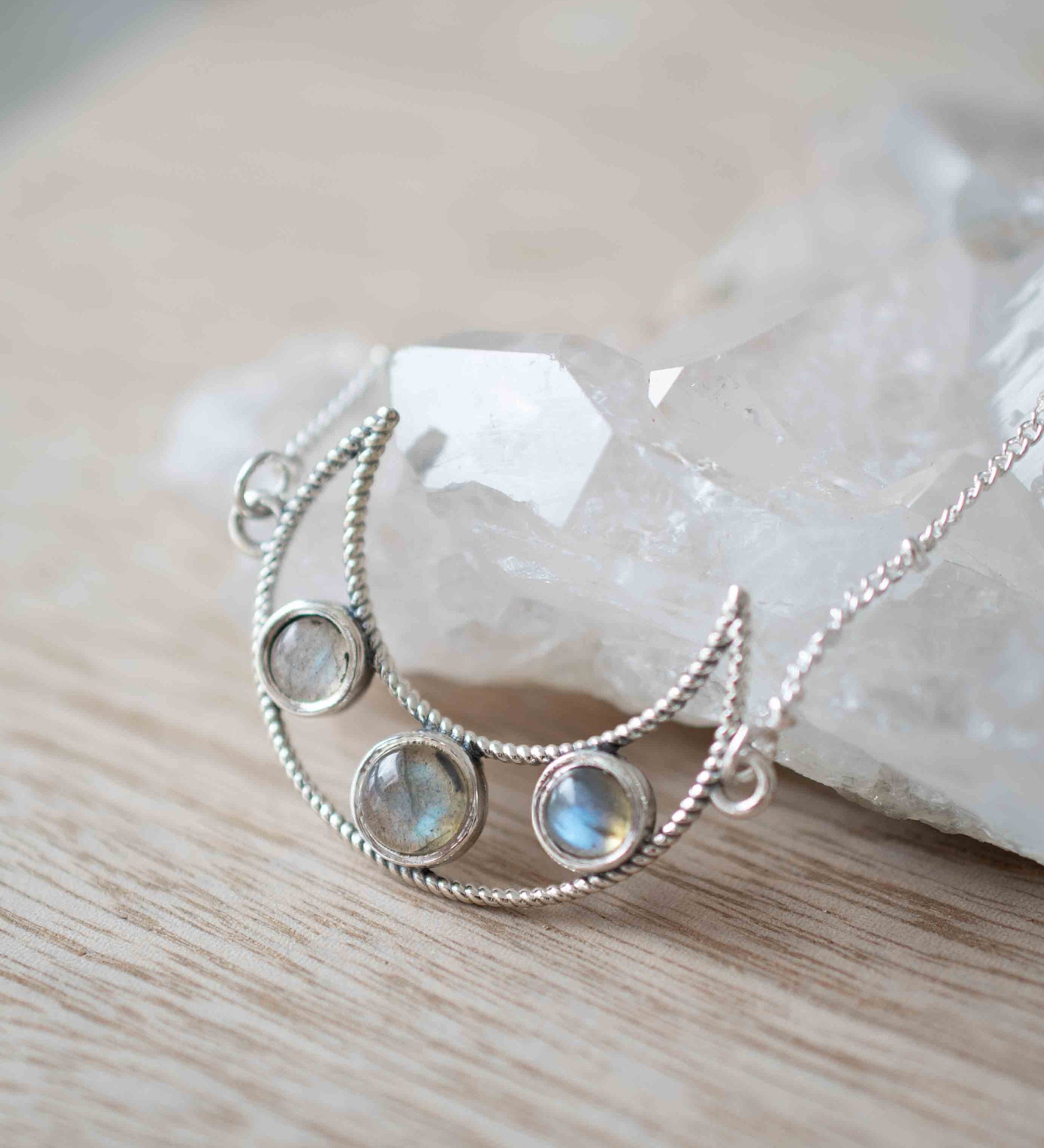 Labradorite Half Moon Necklace ~ Sterling Silver 925 ~Jewelry ~ Beaded Chain ~ Minimalist~ Handmade~ Thin Chain~ Delicate ~Layered~MN072