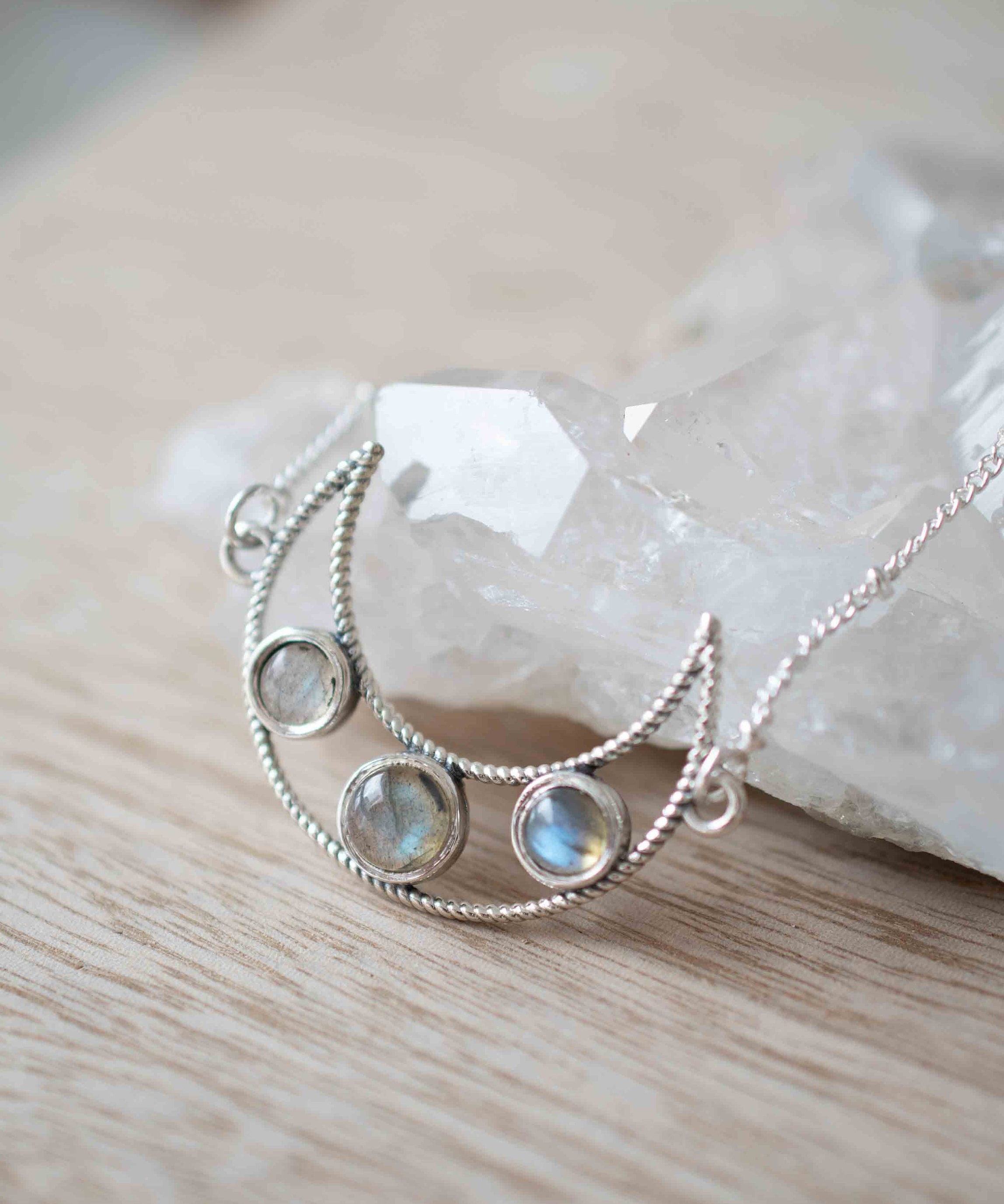 Labradorite Half Moon Necklace ~ Sterling Silver 925 ~Jewelry ~ Beaded Chain ~ Minimalist~ Handmade~ Thin Chain~ Delicate ~Layered~MN072