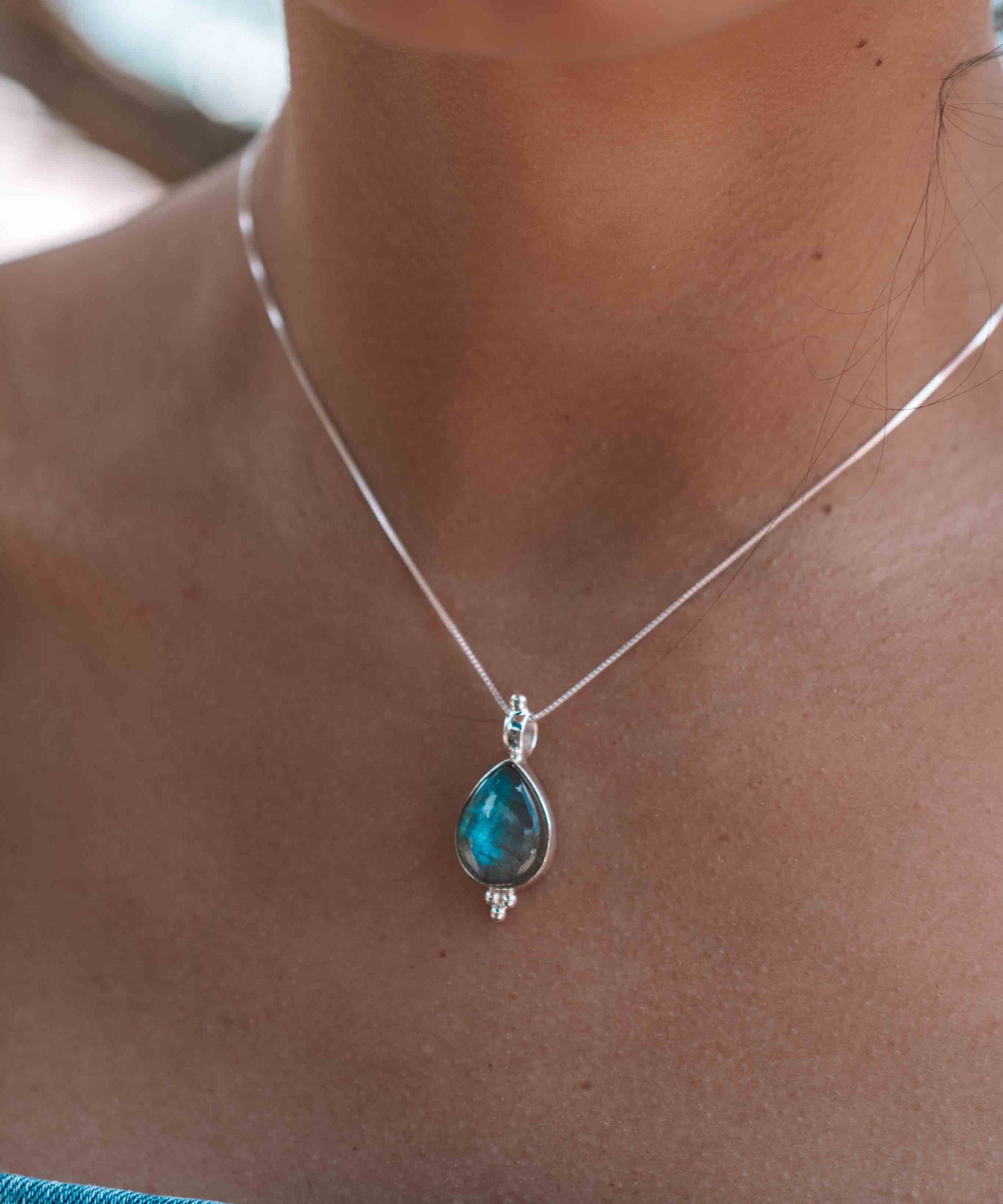 Turquoise, Larimar, Labradorite and Moonstone Tear Drop Necklace ~ Sterling Silver ~ Charm ~ Layered ~ minimalist ~ delicate MN167
