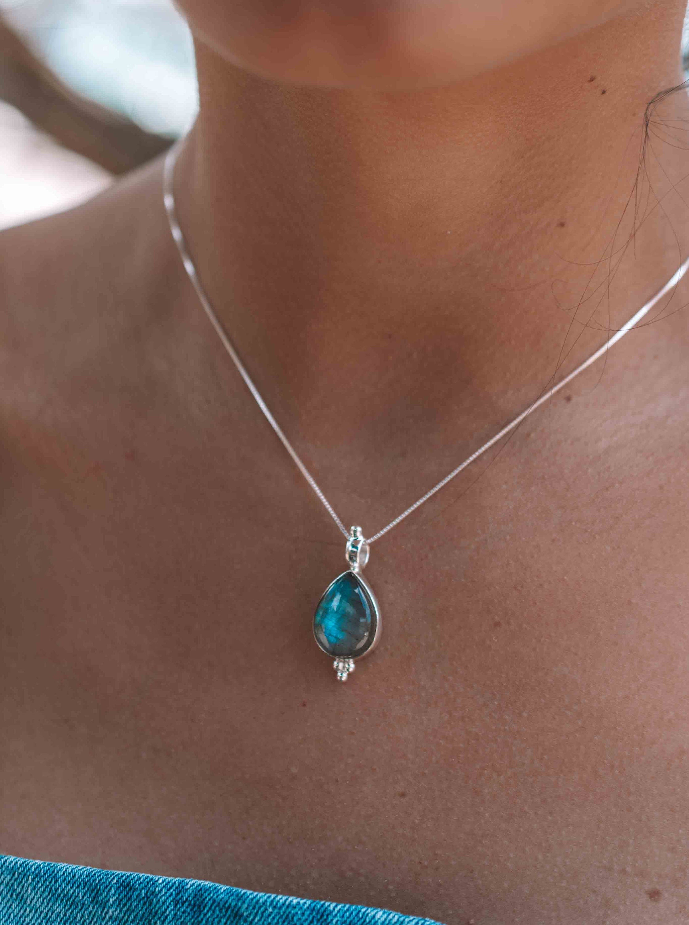 Turquoise, Larimar, Labradorite and Moonstone Tear Drop Necklace ~ Sterling Silver ~ Charm ~ Layered ~ minimalist ~ delicate MN167