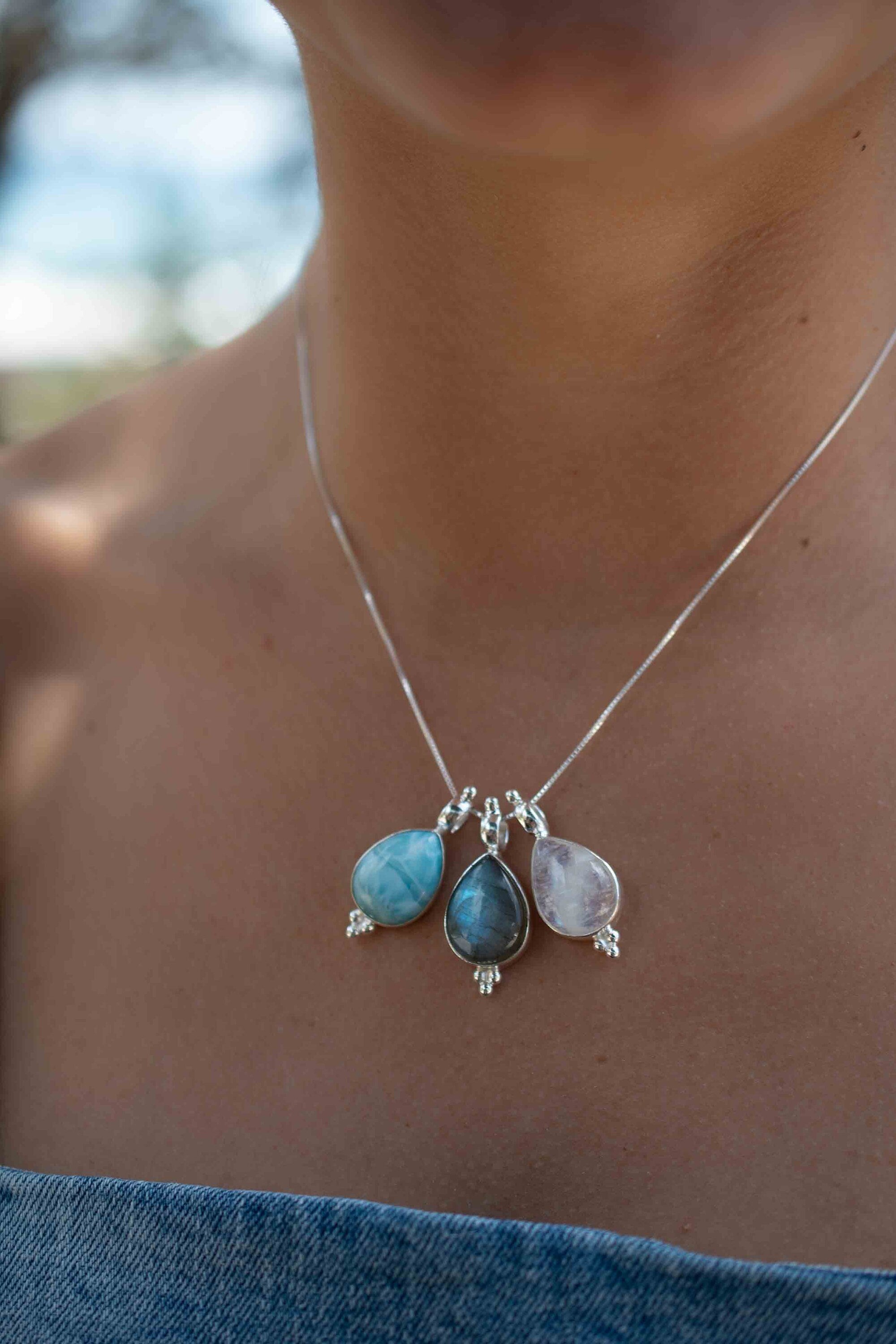 Turquoise, Larimar, Labradorite and Moonstone Tear Drop Necklace ~ Sterling Silver ~ Charm ~ Layered ~ minimalist ~ delicate MN167