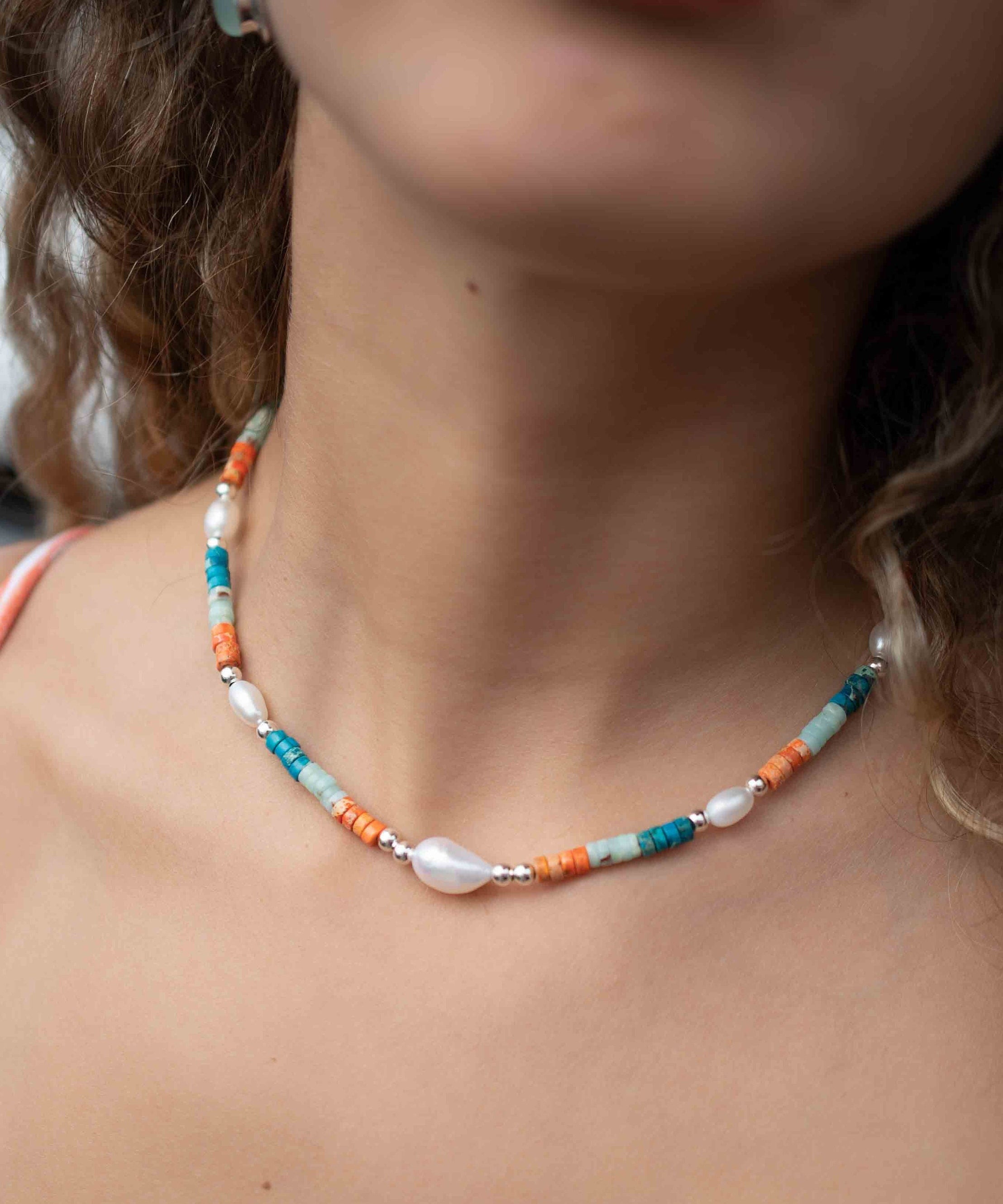 Colored Jasper and Pearl necklace~ Sterling Silver 925 or Gold Filled ~ Choker ~ Jewelry ~ Gift For Her ~ Minimalist~ Handmade - MN100