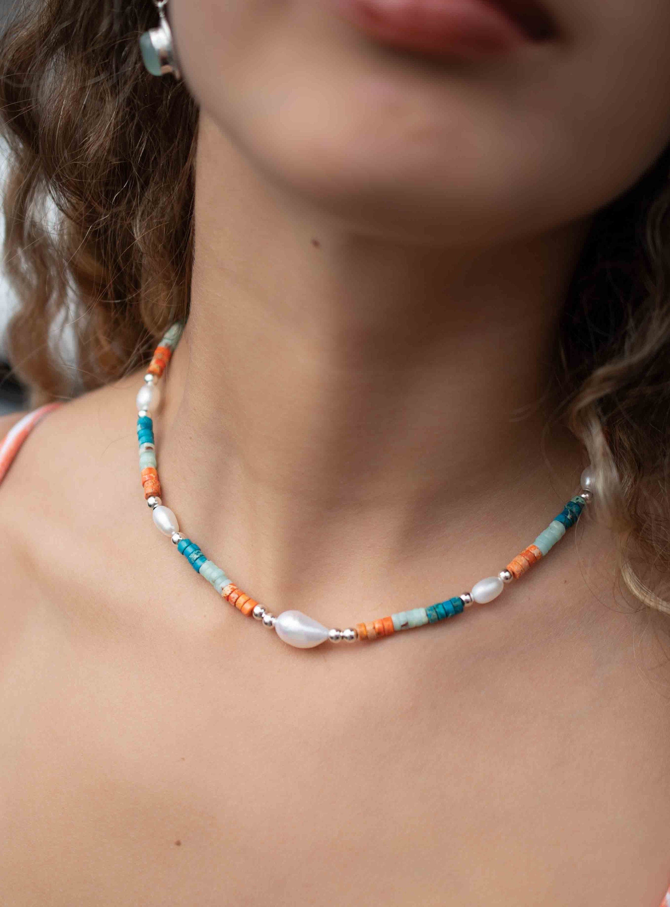 Colored Jasper and Pearl necklace~ Sterling Silver 925 or Gold Filled ~ Choker ~ Jewelry ~ Gift For Her ~ Minimalist~ Handmade - MN100