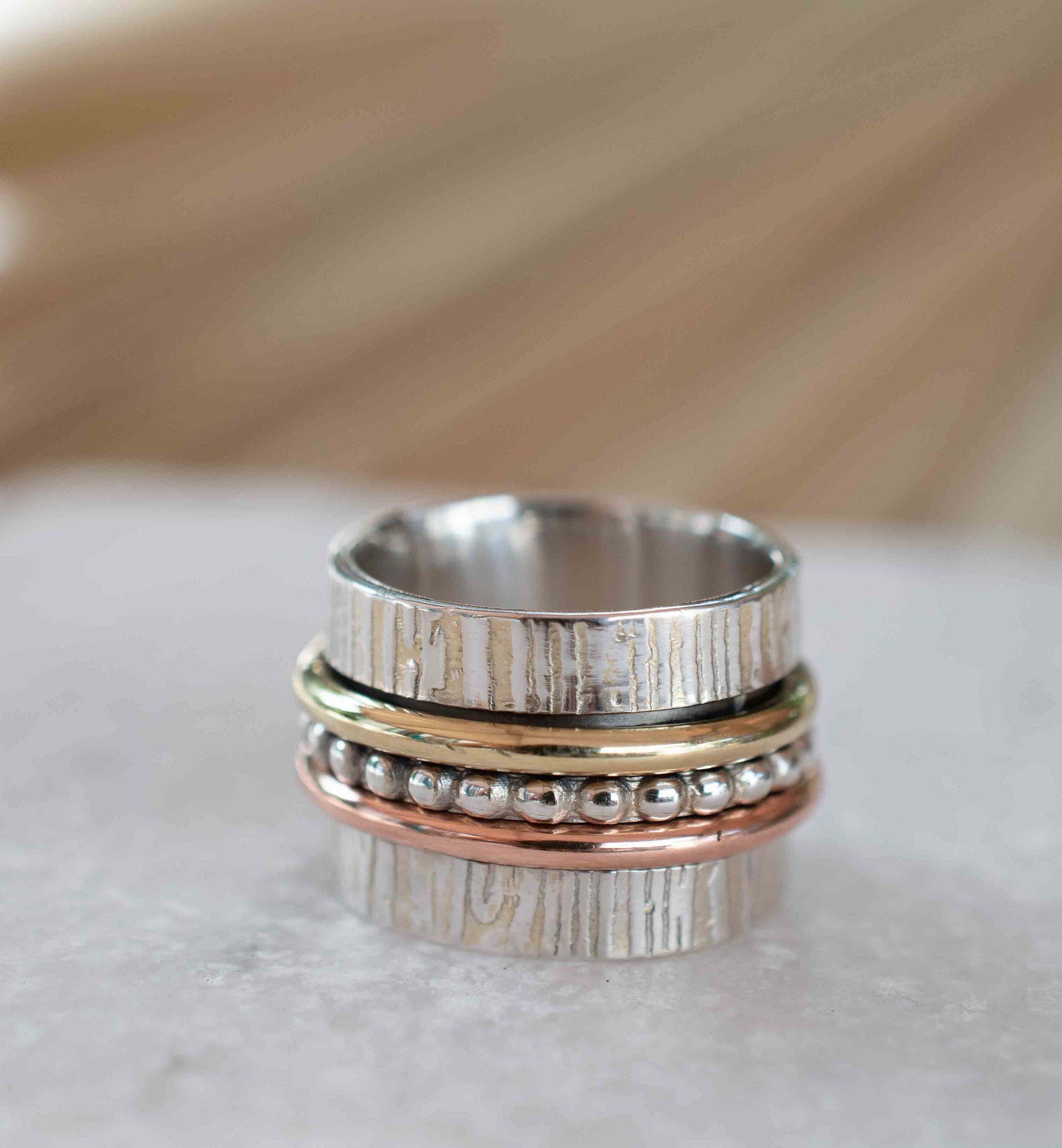 SALE Spinner Ring~Spinning ~Spin ~Meditation ~Anxiety ~Anti Stress~Large Band ~Sterling Silver 925 ~Handmade ~Mix Metals~Copper~Bronze~MS030