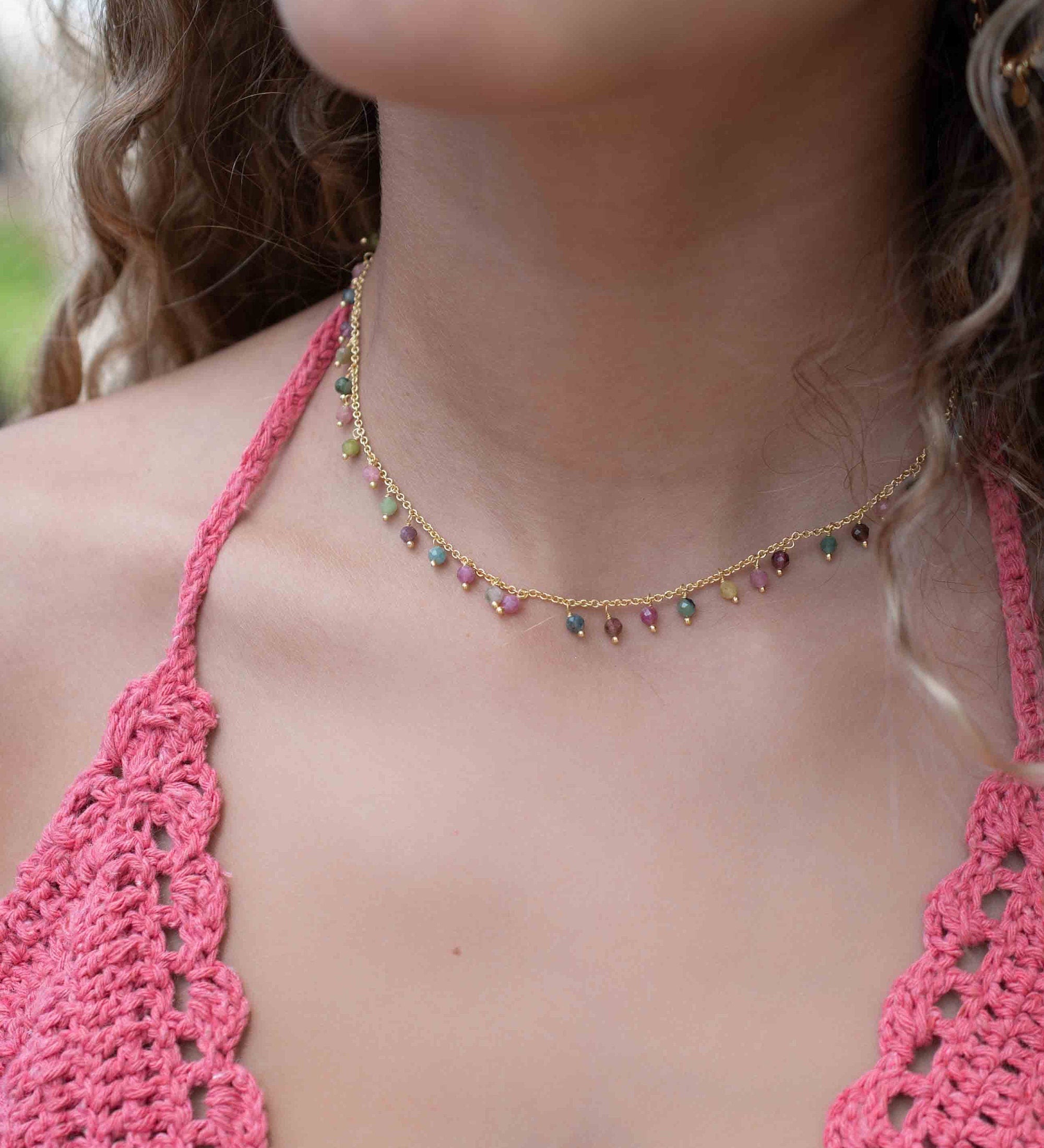Moonstone, Labradorite, Aqua Chalcedony, Tourmaline or Turquoise Choker Necklace ~ Gold Plated 18k ~Jewelry ~ Minimalist ~Layered ~ MN135