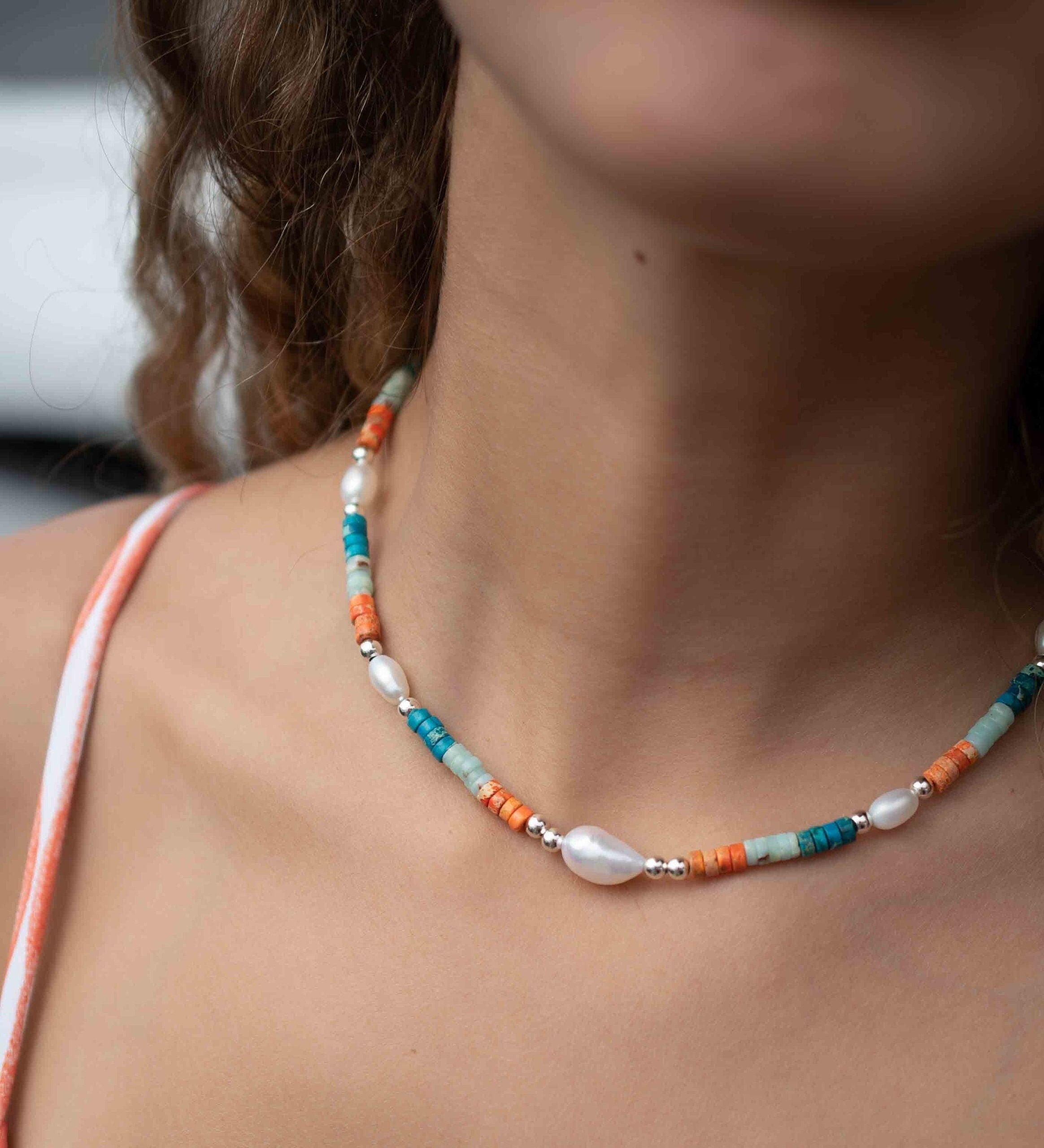 Colored Jasper and Pearl necklace~ Sterling Silver 925 or Gold Filled ~ Choker ~ Jewelry ~ Gift For Her ~ Minimalist~ Handmade - MN100