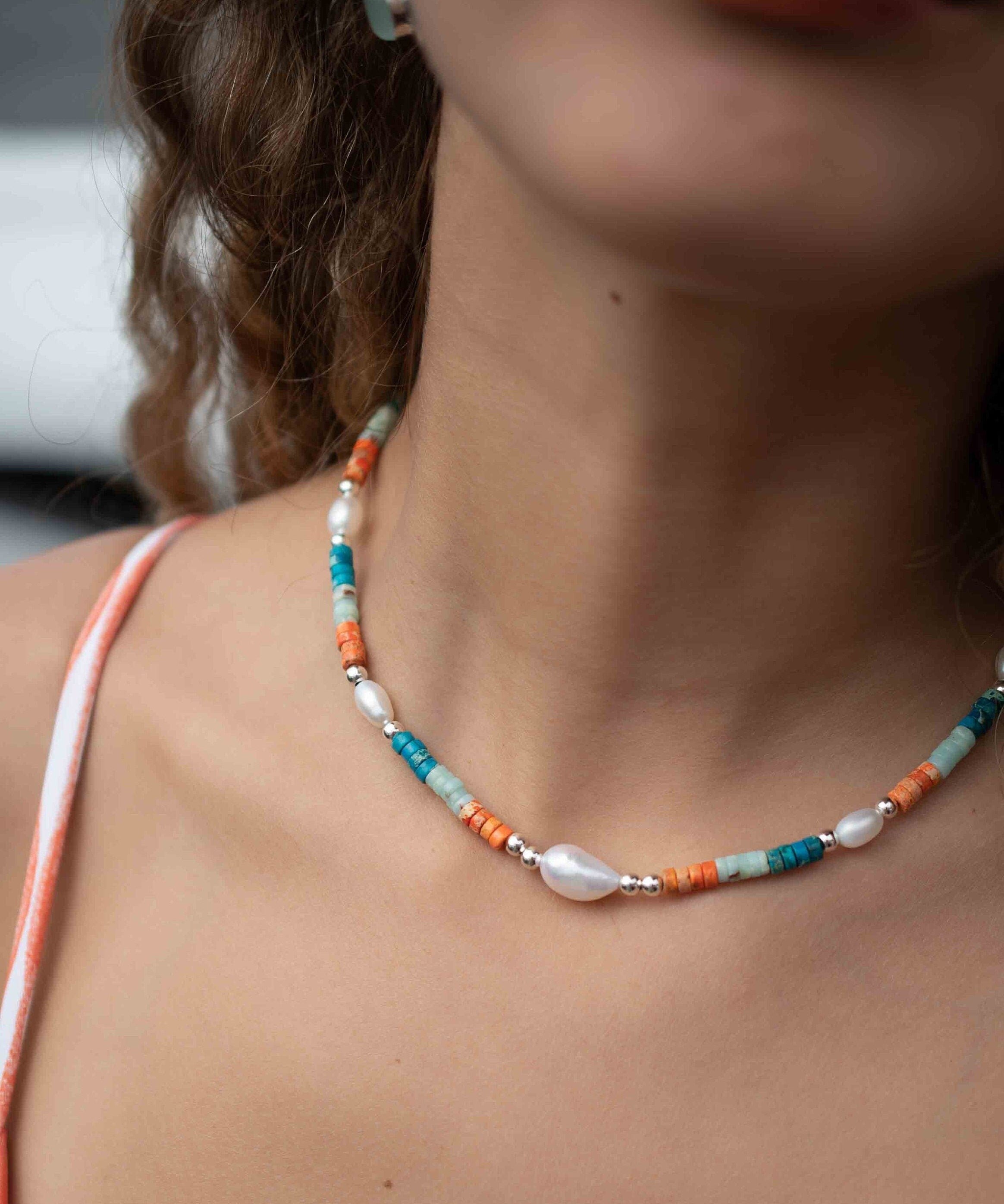 Colored Jasper and Pearl necklace~ Sterling Silver 925 or Gold Filled ~ Choker ~ Jewelry ~ Gift For Her ~ Minimalist~ Handmade - MN100