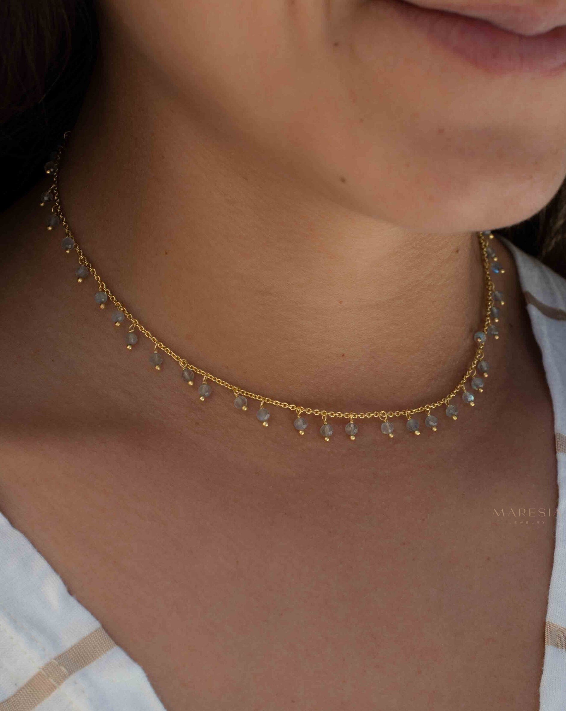 Moonstone, Labradorite, Aqua Chalcedony, Tourmaline or Turquoise Choker Necklace ~ Gold Plated 18k ~Jewelry ~ Minimalist ~Layered ~ MN135