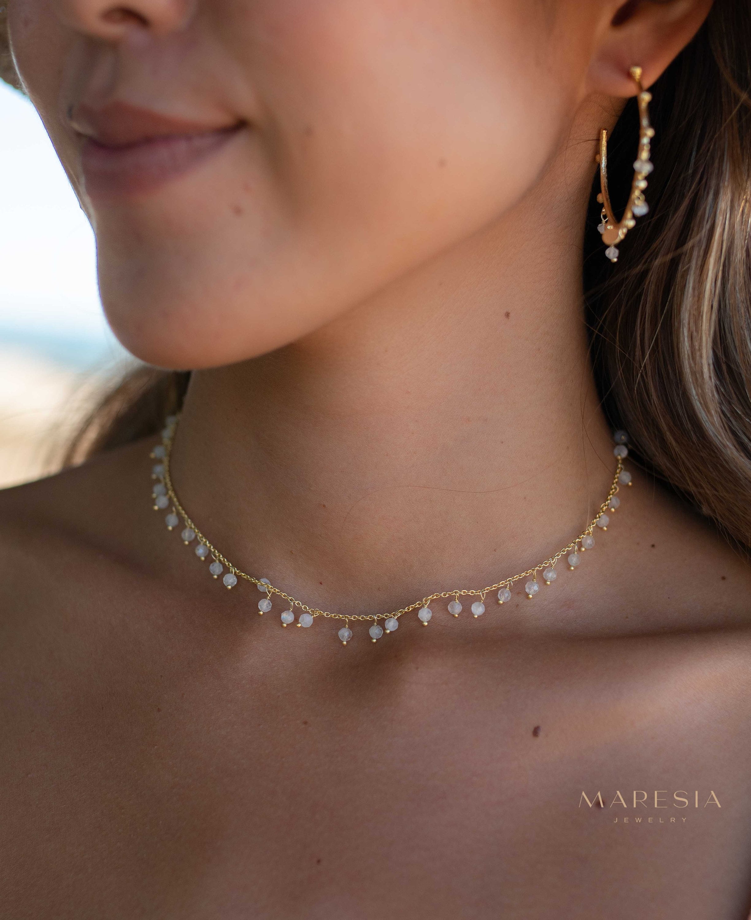 Moonstone, Labradorite, Aqua Chalcedony, Tourmaline or Turquoise Choker Necklace ~ Gold Plated 18k ~Jewelry ~ Minimalist ~Layered ~ MN135