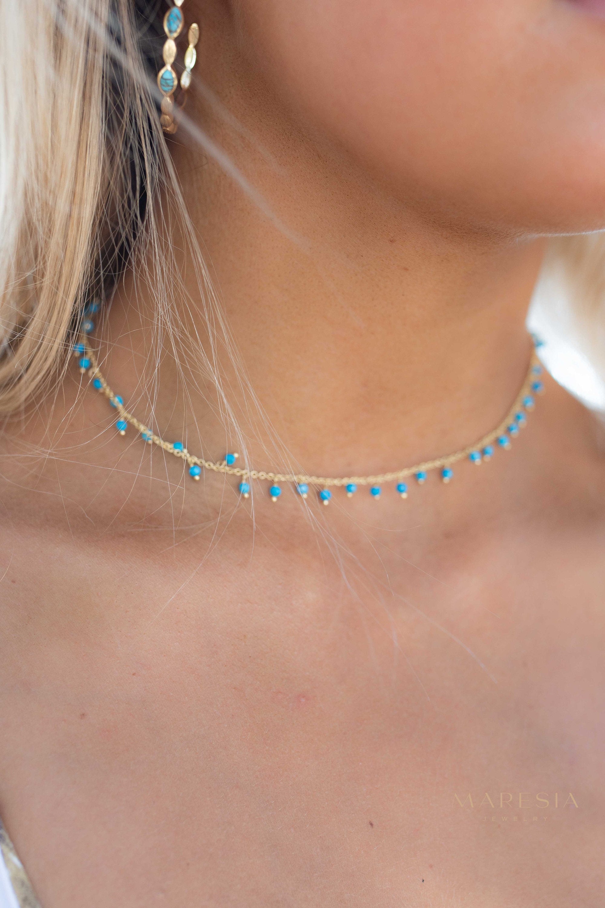 Moonstone, Labradorite, Aqua Chalcedony, Tourmaline or Turquoise Choker Necklace ~ Gold Plated 18k ~Jewelry ~ Minimalist ~Layered ~ MN135