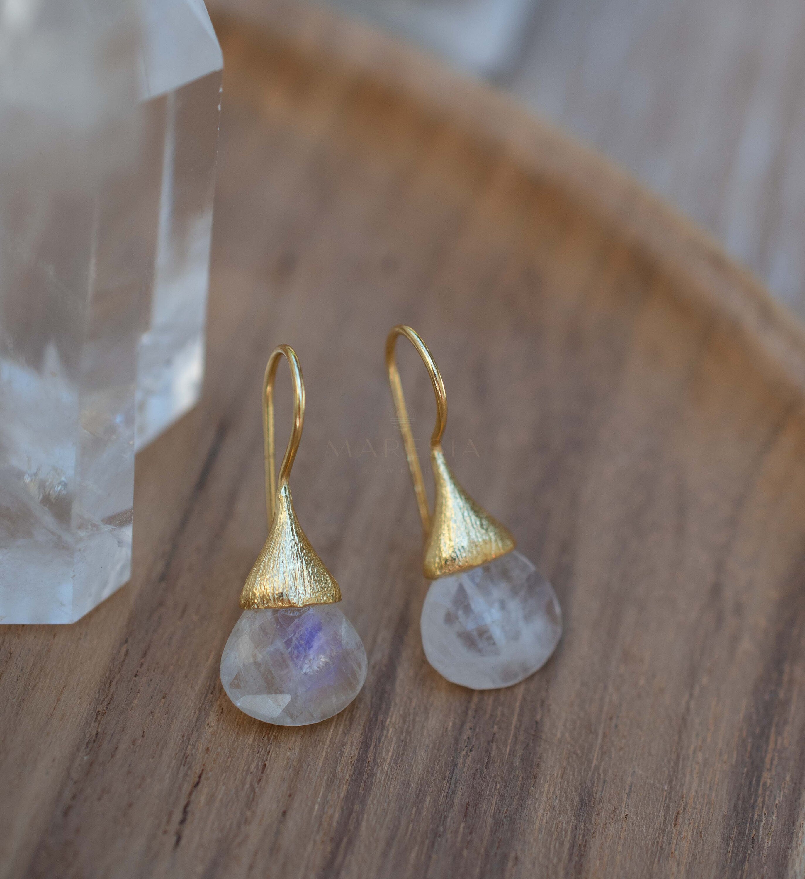 Moonstone Tear Drop Earrings ~ Gold Plated ~Dangle ~ Jewelry ~ Natural ~ Organic ~ Everyday~ Delicate~ minimalist Boho ~ Hippie ~ ME225