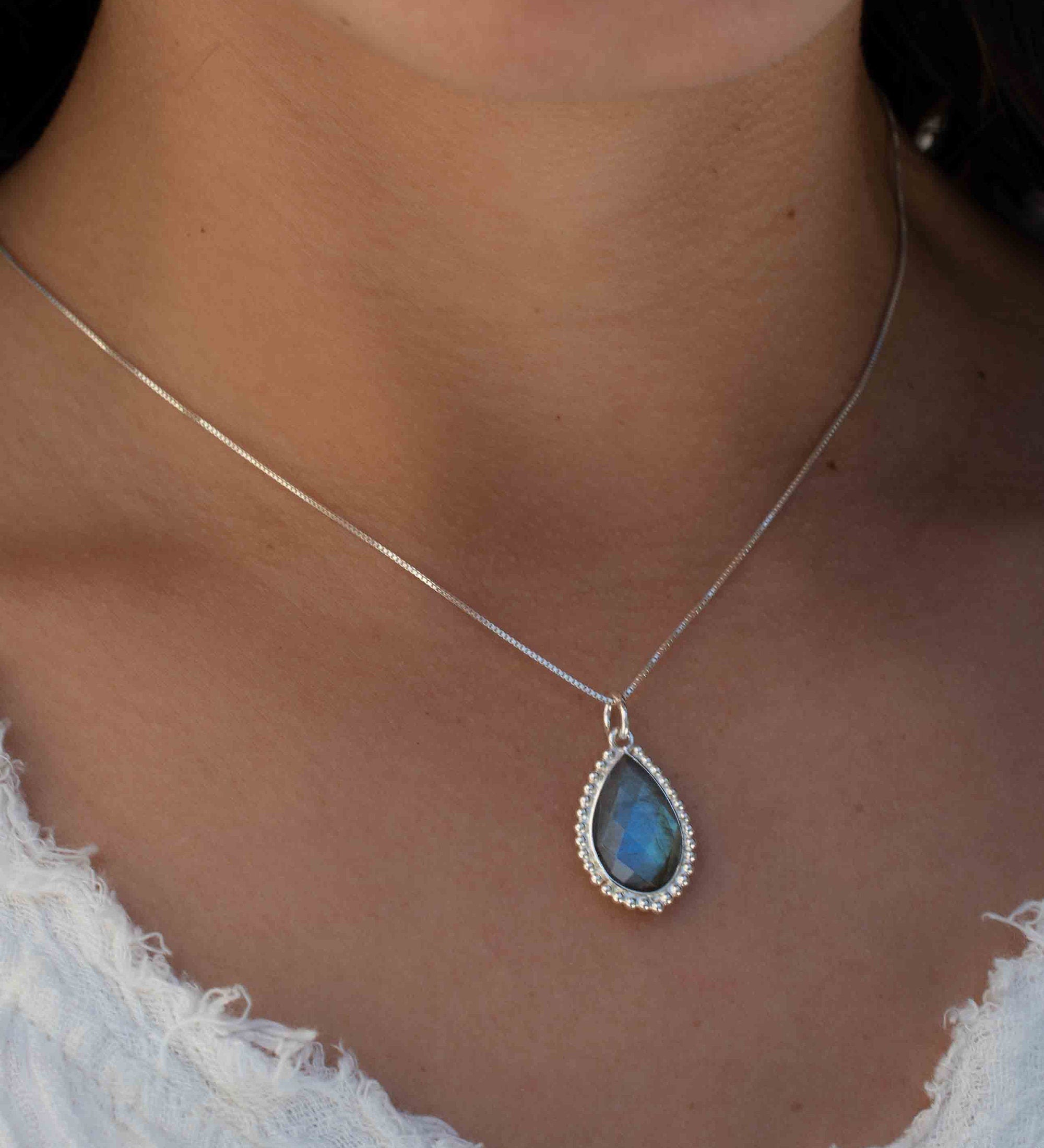 Labradorite, Pink Moonstone, Black Onyx, Aventurine & Aqua Chalcedony Necklace ~ Tear Drop ~ Sterling Silver