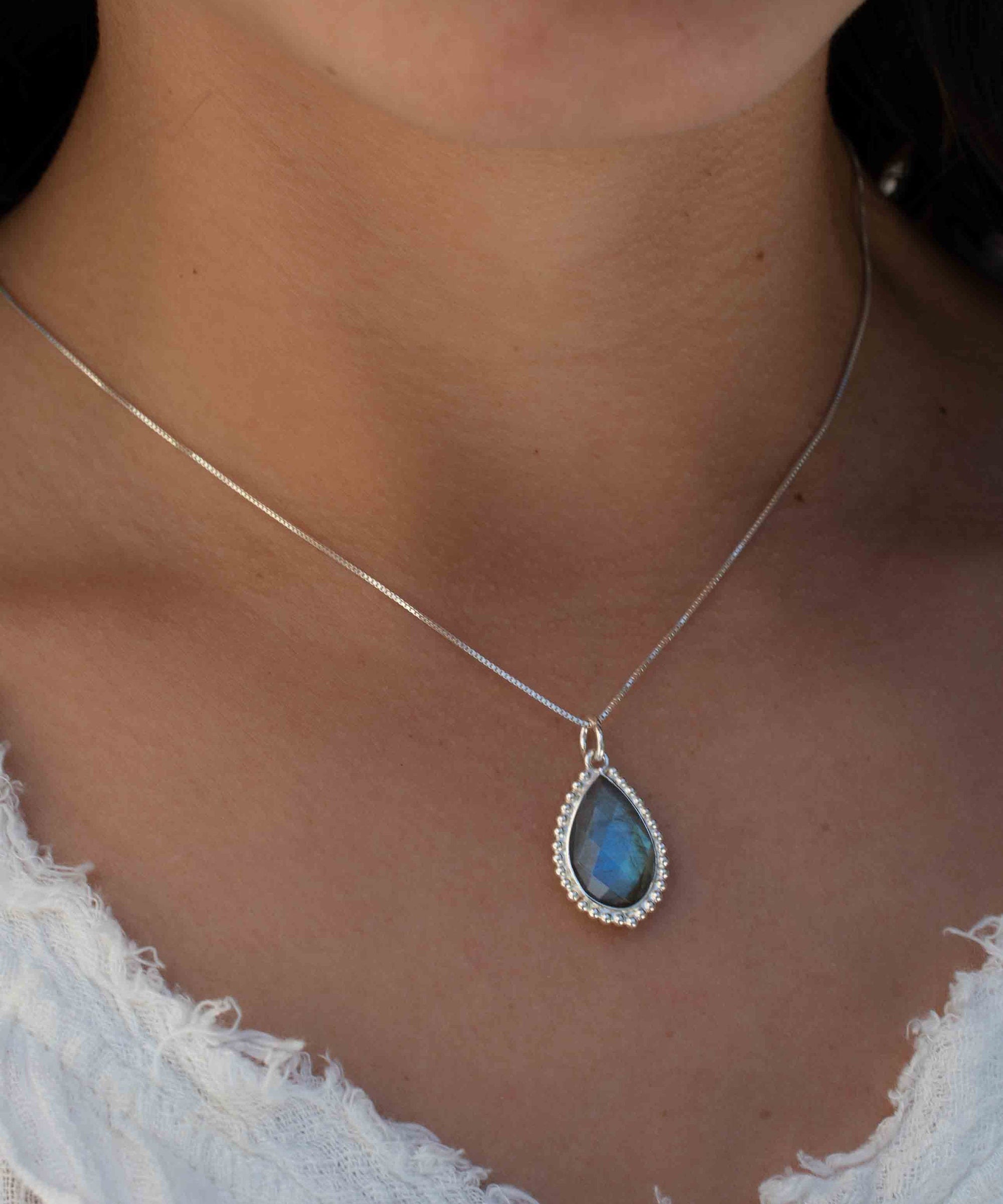 Labradorite, Pink Moonstone, Black Onyx, Aventurine & Aqua Chalcedony Necklace ~ Tear Drop ~ Sterling Silver