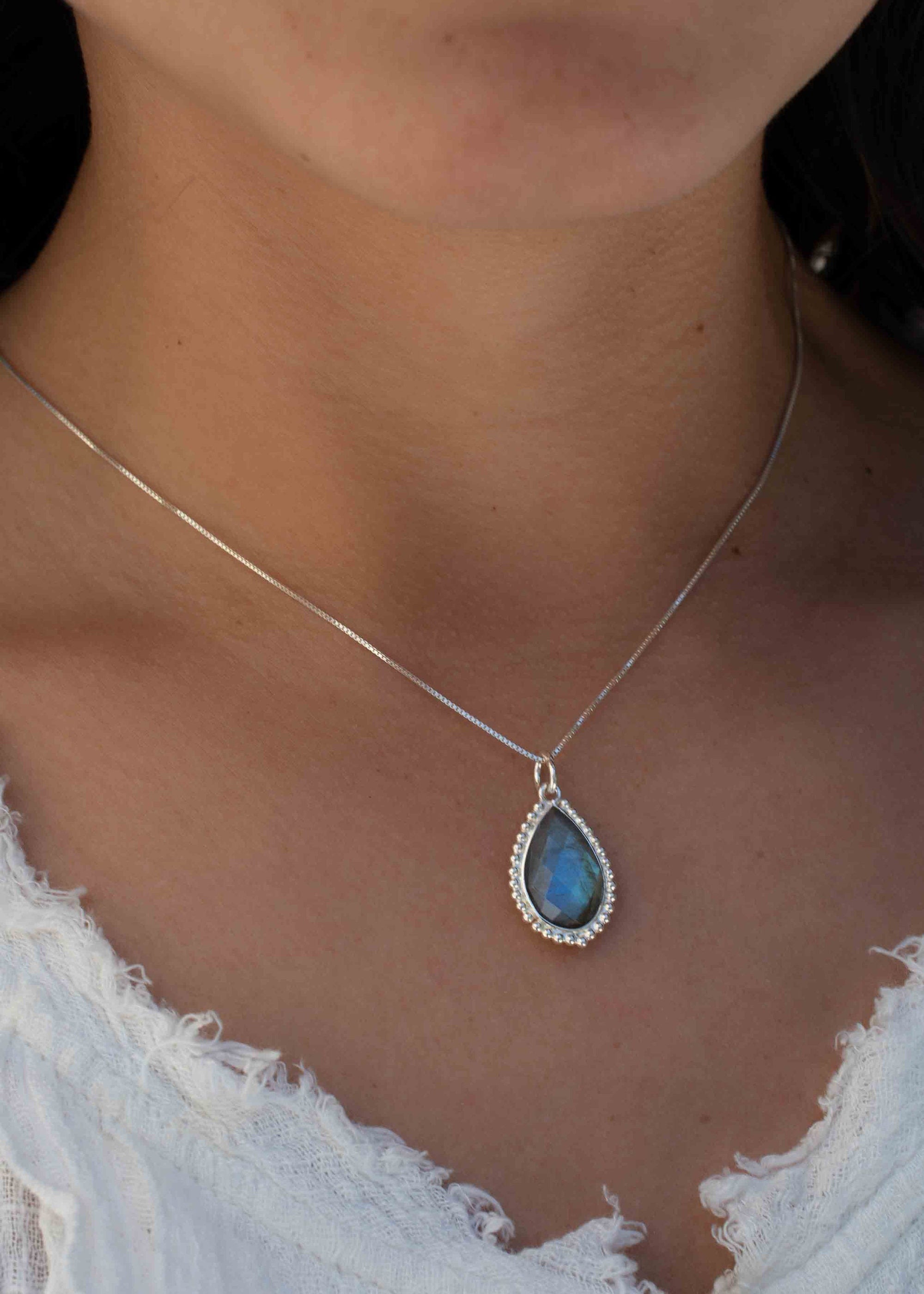 Labradorite, Pink Moonstone, Black Onyx, Aventurine & Aqua Chalcedony Necklace ~ Tear Drop ~ Sterling Silver