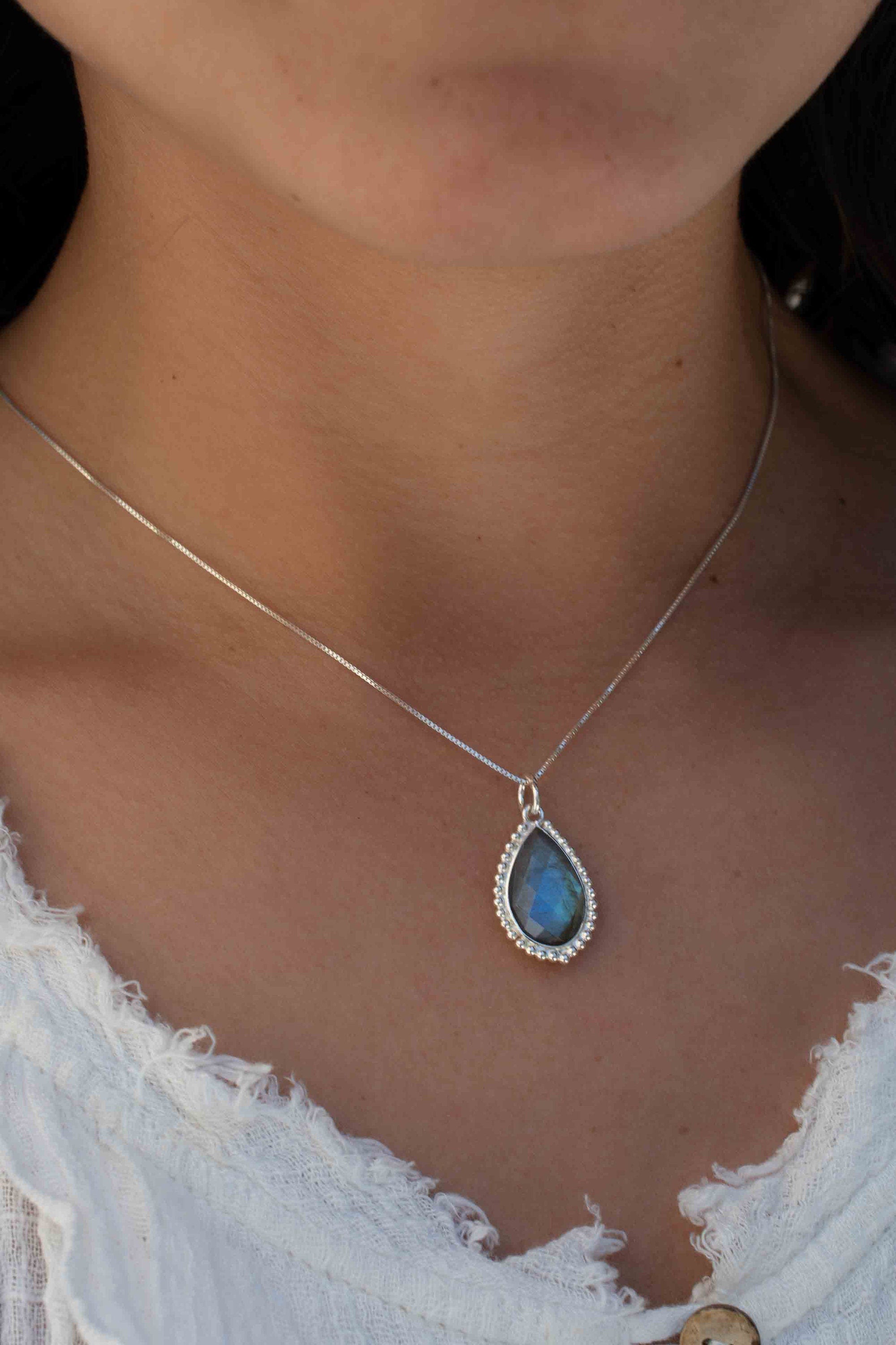 Labradorite, Pink Moonstone, Black Onyx, Aventurine & Aqua Chalcedony Necklace ~ Tear Drop ~ Sterling Silver