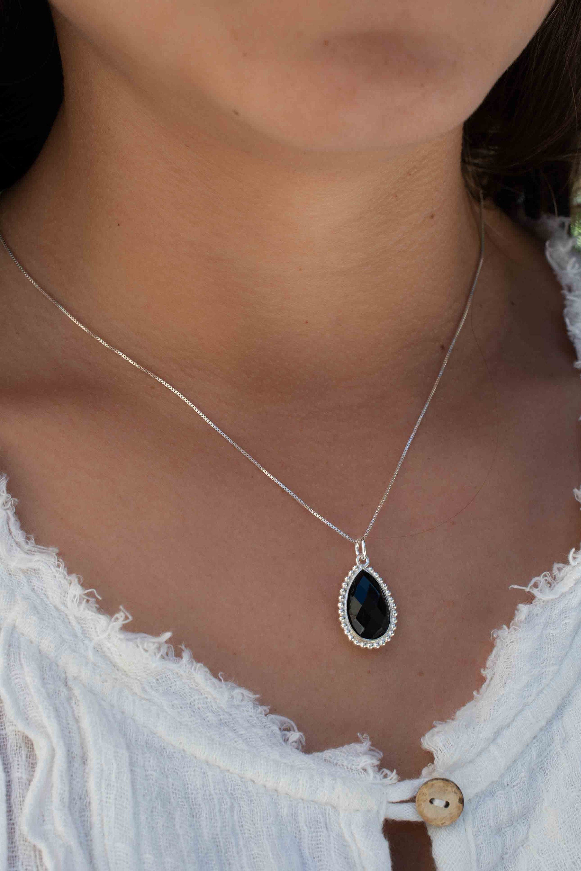 Labradorite, Pink Moonstone, Black Onyx, Aventurine & Aqua Chalcedony Necklace ~ Tear Drop ~ Sterling Silver