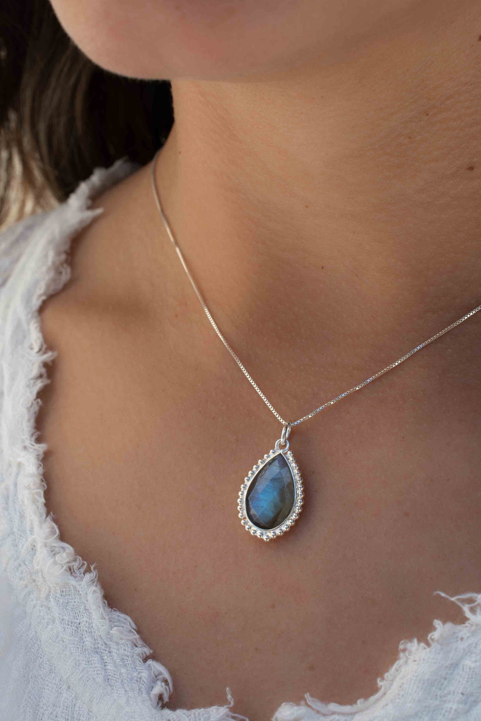 Labradorite, Pink Moonstone, Black Onyx, Aventurine & Aqua Chalcedony Necklace ~ Tear Drop ~ Sterling Silver
