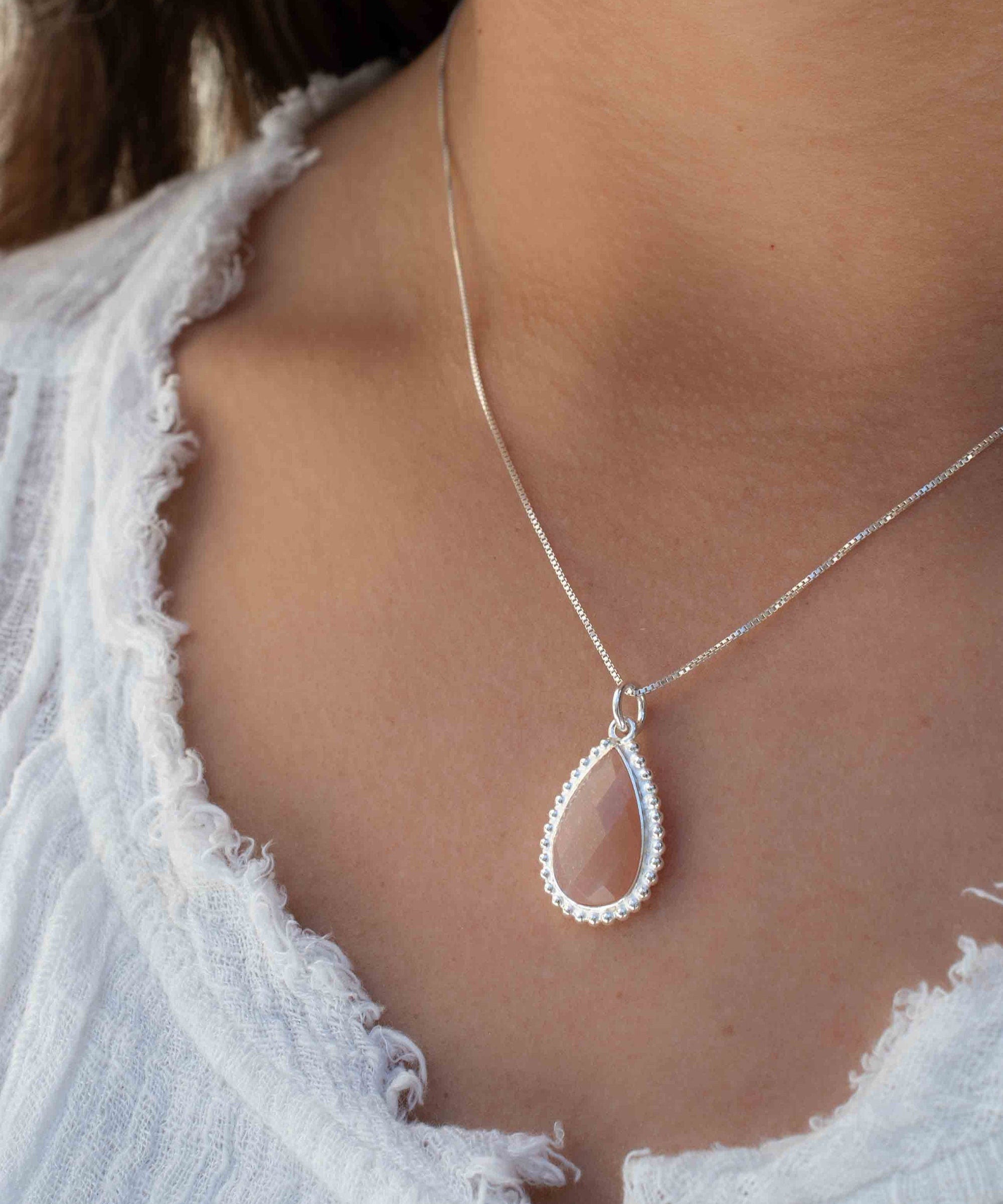 Labradorite, Pink Moonstone, Black Onyx, Aventurine & Aqua Chalcedony Necklace ~ Tear Drop ~ Sterling Silver