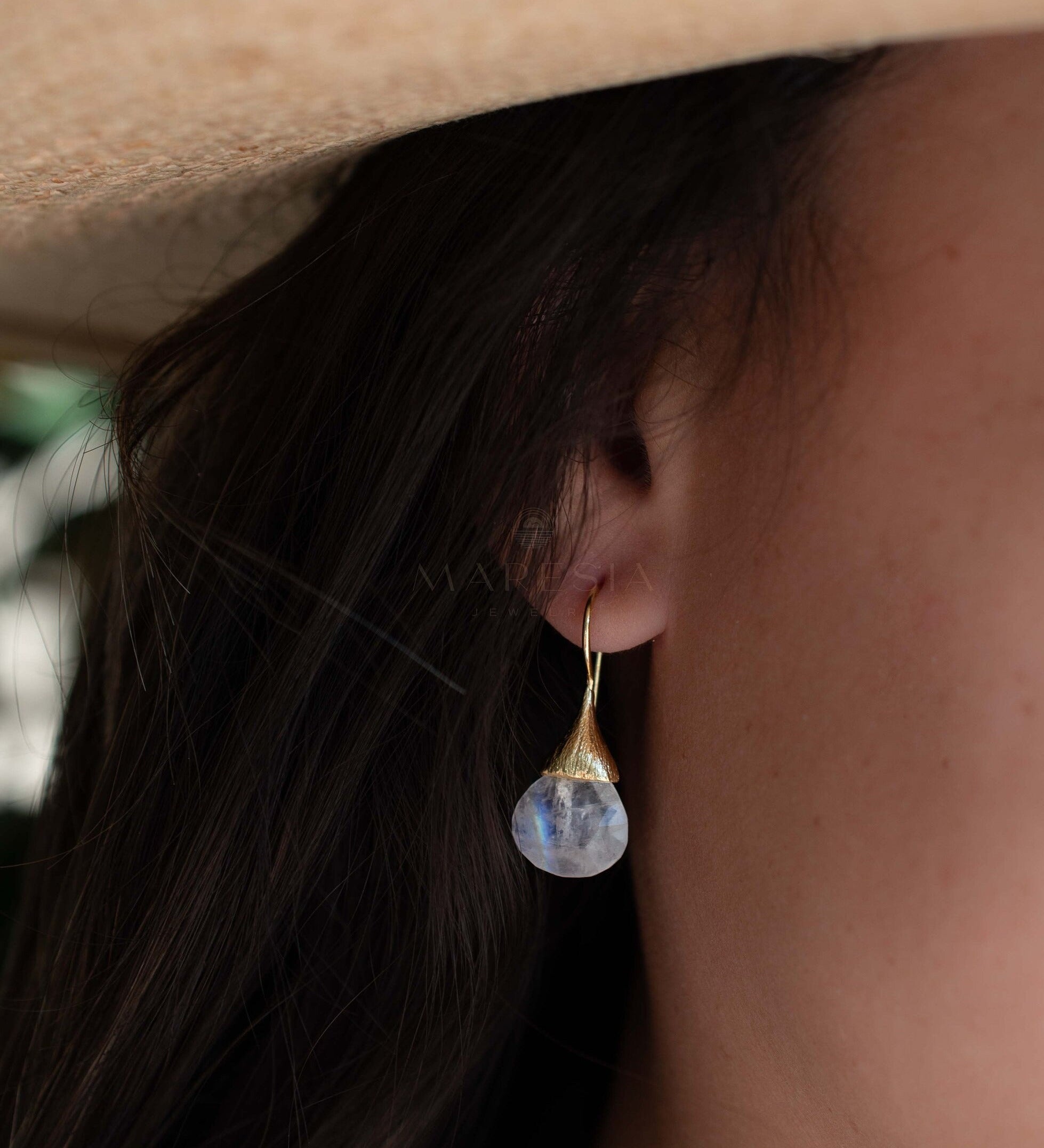 Moonstone Tear Drop Earrings ~ Gold Plated ~Dangle ~ Jewelry ~ Natural ~ Organic ~ Everyday~ Delicate~ minimalist Boho ~ Hippie ~ ME225
