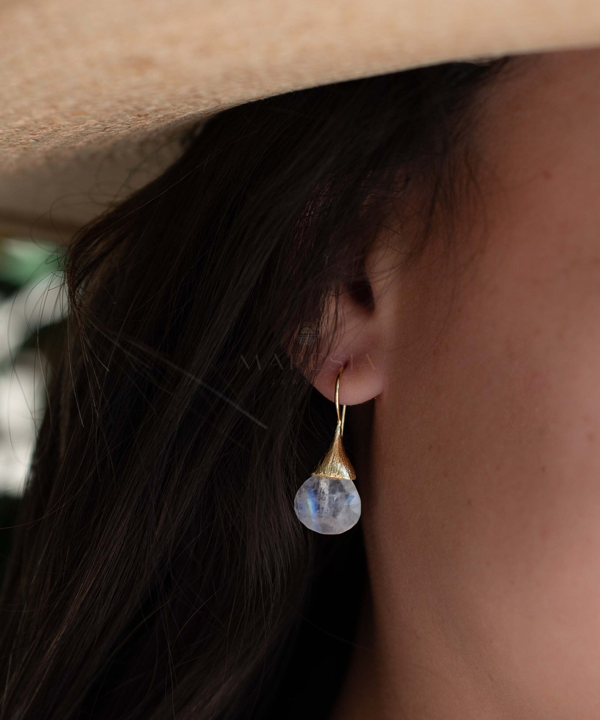Moonstone Tear Drop Earrings ~ Gold Plated ~Dangle ~ Jewelry ~ Natural ~ Organic ~ Everyday~ Delicate~ minimalist Boho ~ Hippie ~ ME225