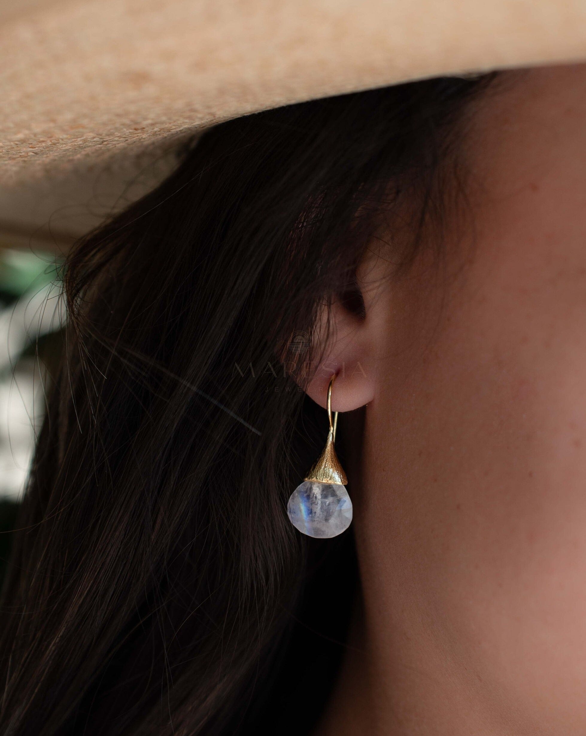 Moonstone Tear Drop Earrings ~ Gold Plated ~Dangle ~ Jewelry ~ Natural ~ Organic ~ Everyday~ Delicate~ minimalist Boho ~ Hippie ~ ME225