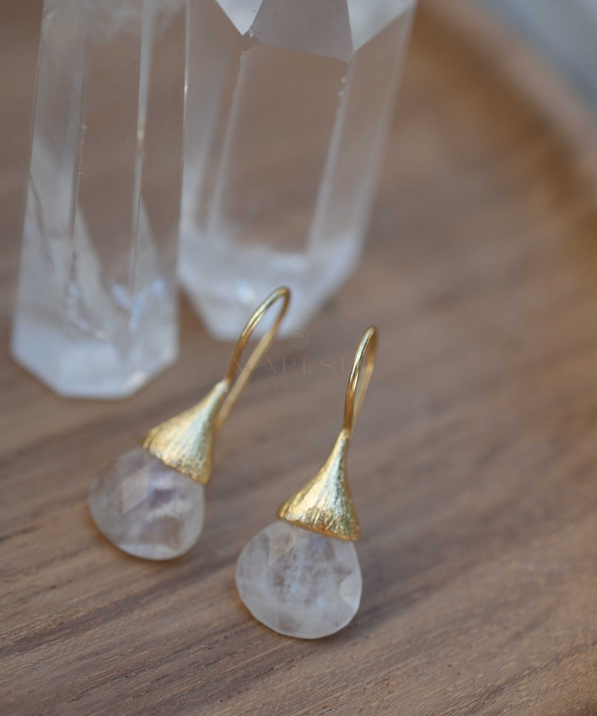 Moonstone Tear Drop Earrings ~ Gold Plated ~Dangle ~ Jewelry ~ Natural ~ Organic ~ Everyday~ Delicate~ minimalist Boho ~ Hippie ~ ME225