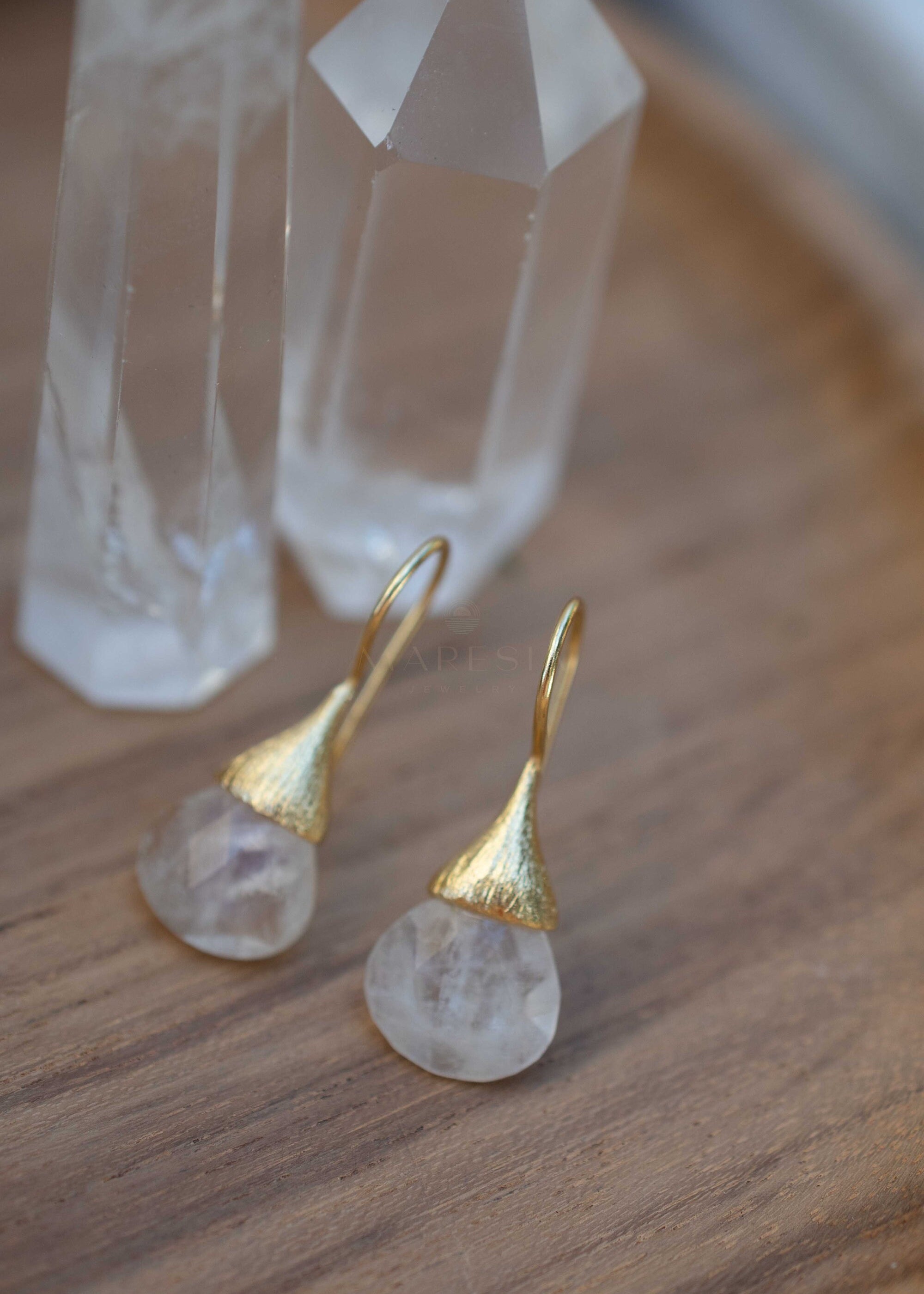 Moonstone Tear Drop Earrings ~ Gold Plated ~Dangle ~ Jewelry ~ Natural ~ Organic ~ Everyday~ Delicate~ minimalist Boho ~ Hippie ~ ME225