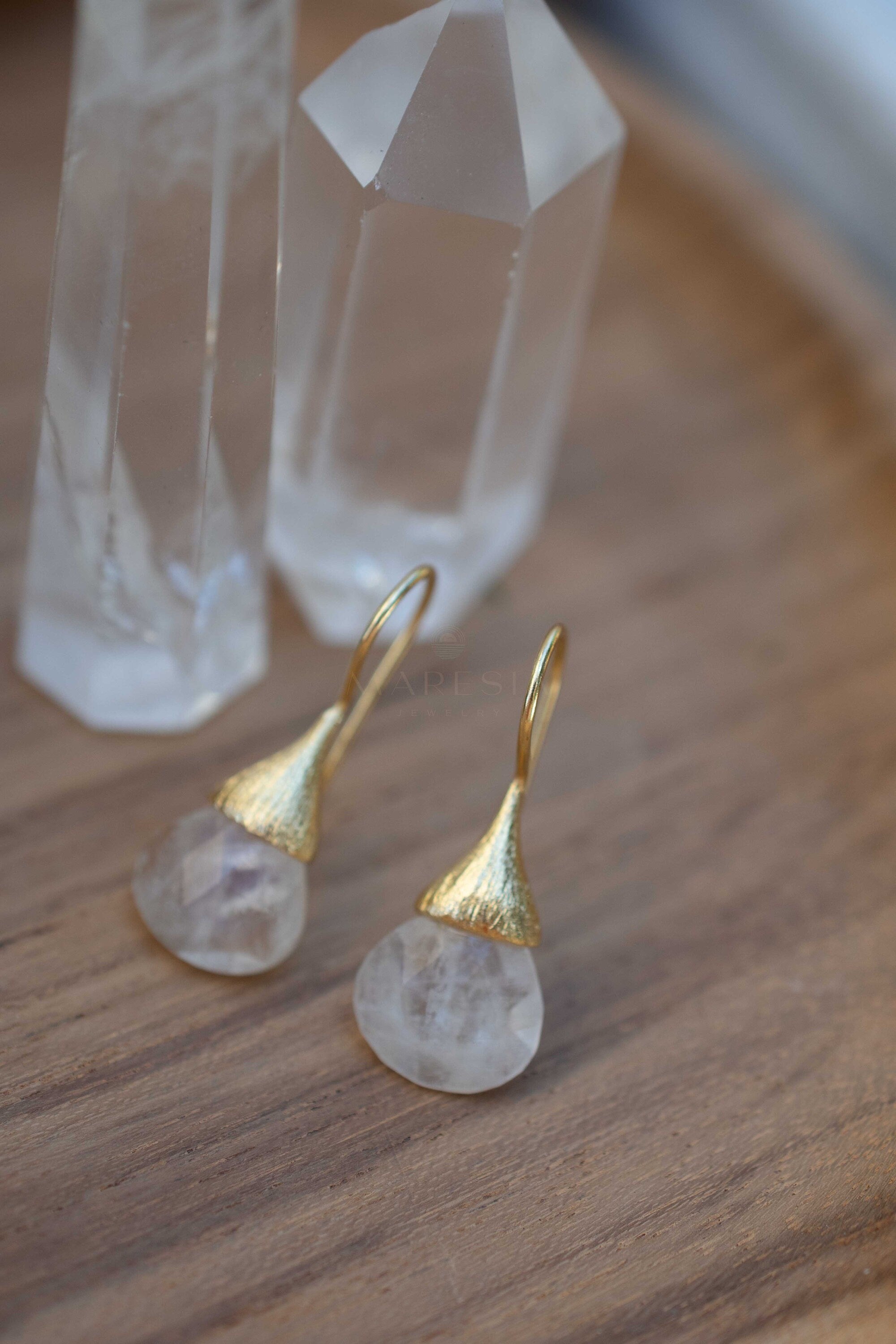 Moonstone Tear Drop Earrings ~ Gold Plated ~Dangle ~ Jewelry ~ Natural ~ Organic ~ Everyday~ Delicate~ minimalist Boho ~ Hippie ~ ME225