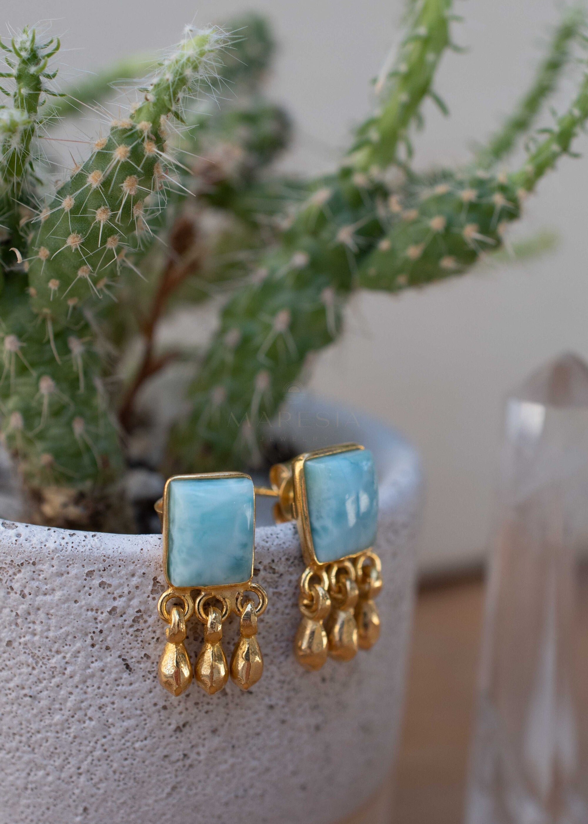 Delicate Larimar Earrings ~ Gemstone ~ Post ~ Stud ~ Sterling Silver 925 or Gold plated over Sterling silver ~ Jewelry ~ ME227