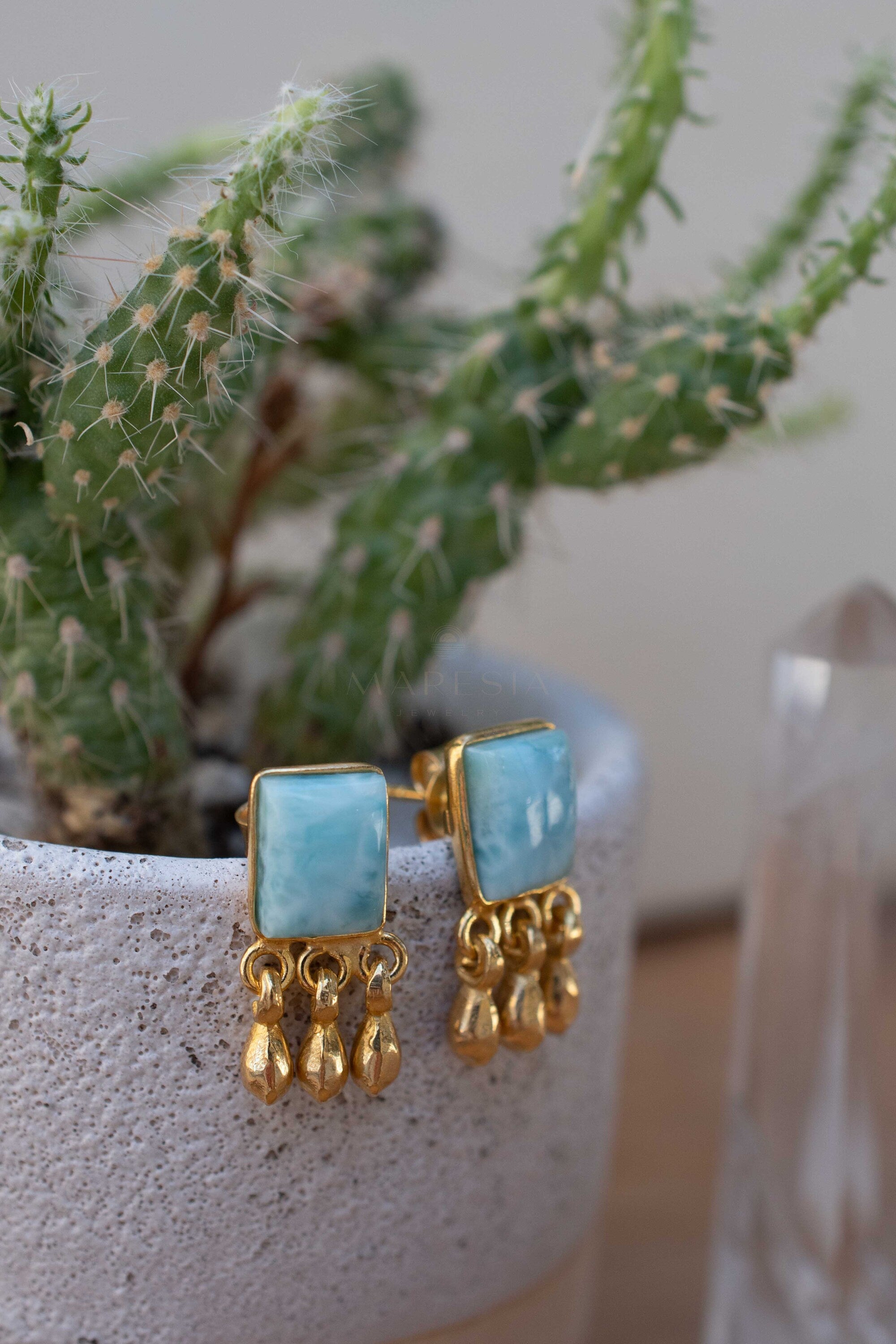 Delicate Larimar Earrings ~ Gemstone ~ Post ~ Stud ~ Sterling Silver 925 or Gold plated over Sterling silver ~ Jewelry ~ ME227