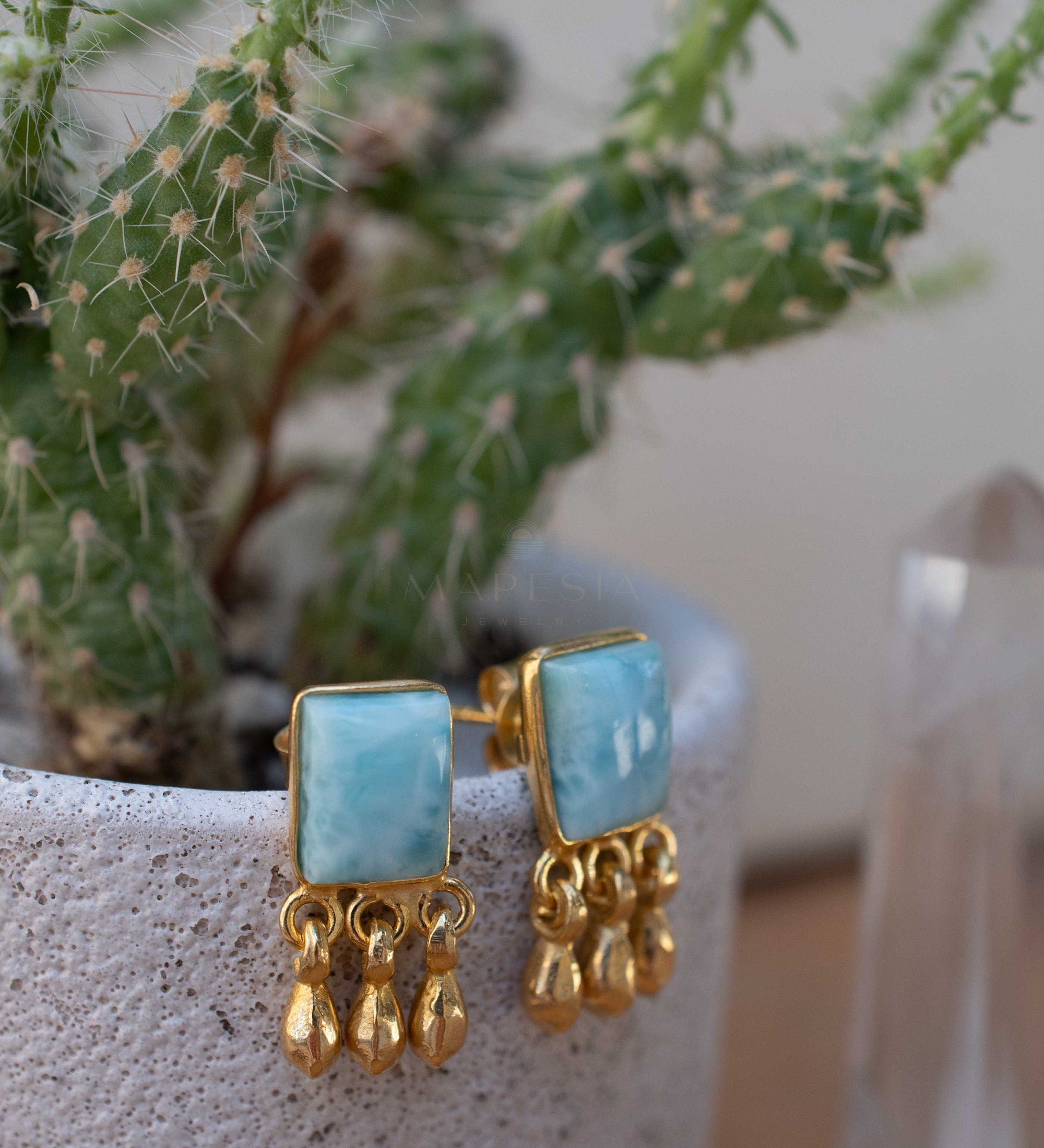 Delicate Larimar Earrings ~ Gemstone ~ Post ~ Stud ~ Sterling Silver 925 or Gold plated over Sterling silver ~ Jewelry ~ ME227
