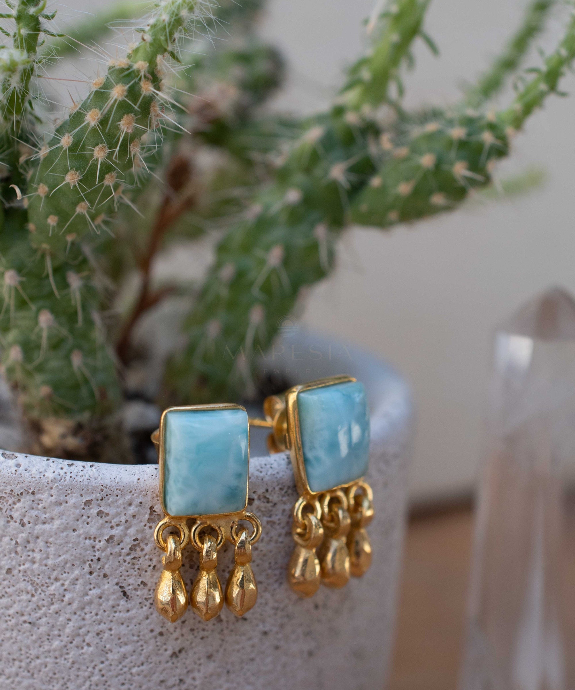 Delicate Larimar Earrings ~ Gemstone ~ Post ~ Stud ~ Sterling Silver 925 or Gold plated over Sterling silver ~ Jewelry ~ ME227