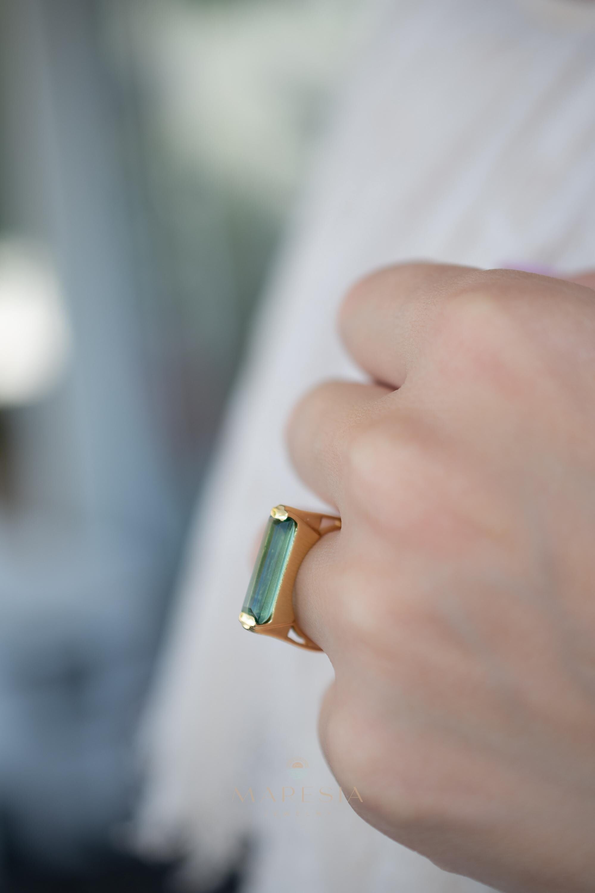 Green Amethyst Hydro Ring ~ Rectangular Stone ~ 18k Gold Plated ~ Jewelry ~ Handmade ~ Boho ~ MR343
