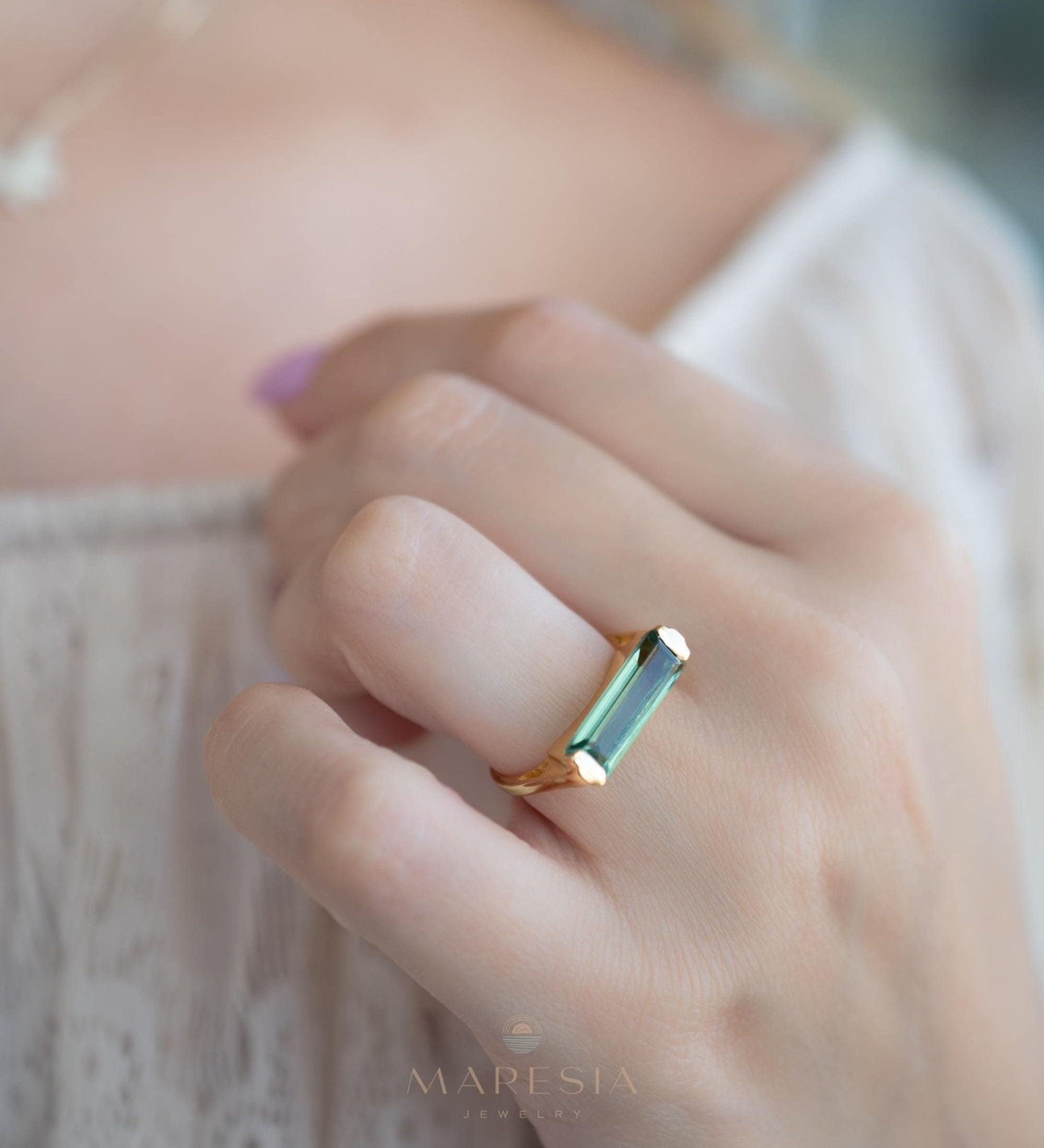 Green Amethyst Hydro Ring ~ Rectangular Stone ~ 18k Gold Plated ~ Jewelry ~ Handmade ~ Boho ~ MR343